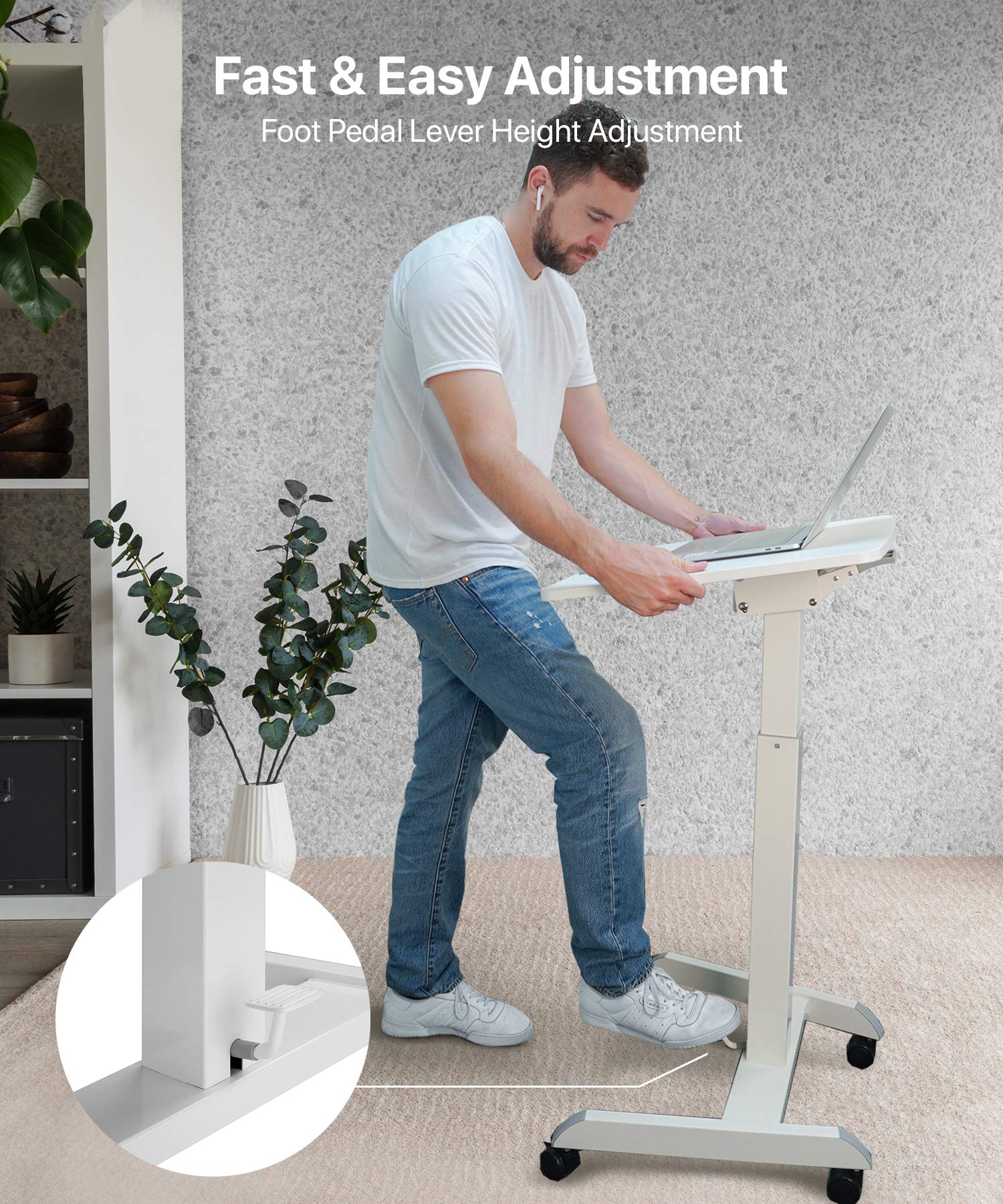 Adjustable Mobile Podium Stand with Wheels - Pneumatic Standing Desk & 30° Tilting Top, Portable Lectern for Lectures, Meetings, Home Office & Computer Work - White (Ideal for Classrooms, Conferences & Remote Work)