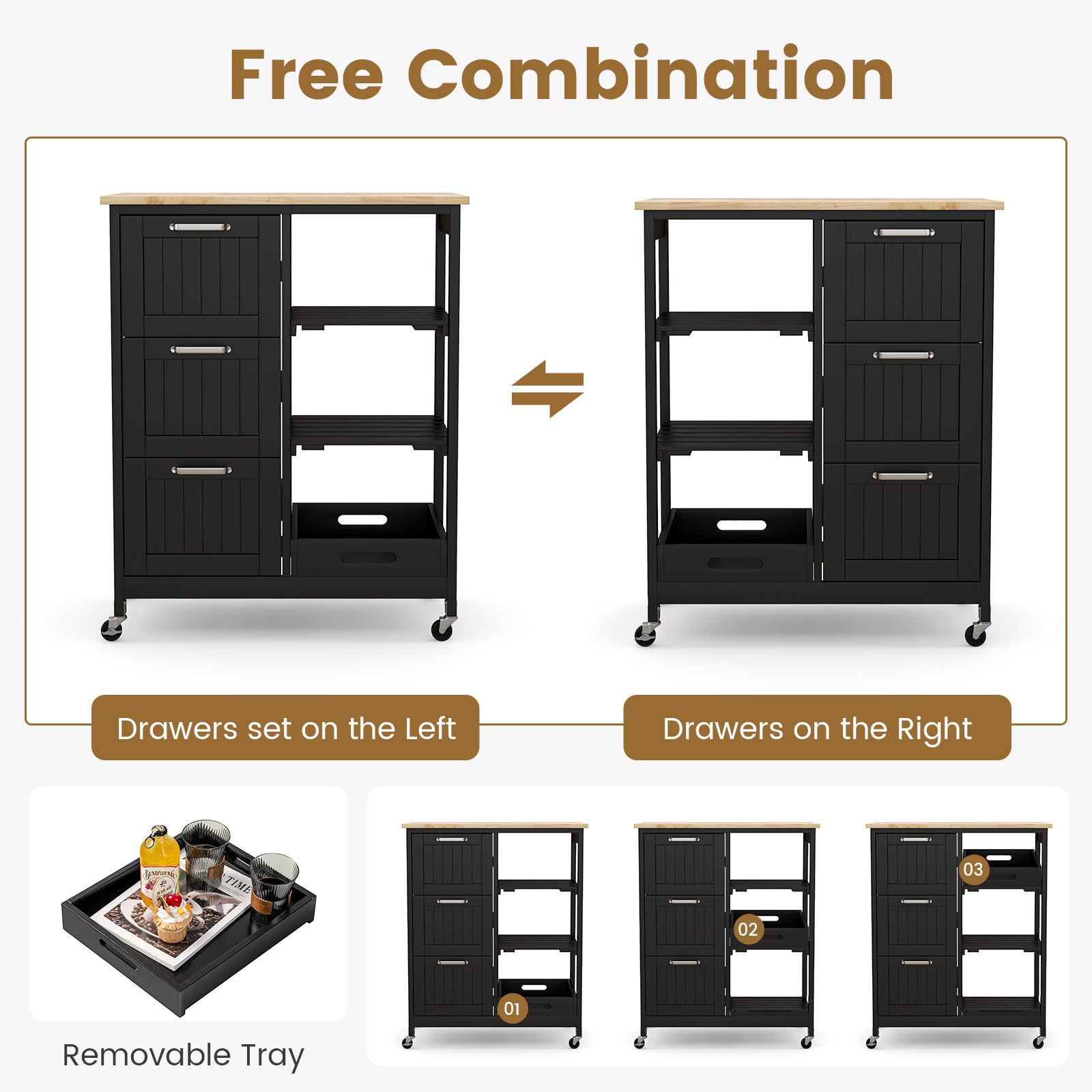 COSTWAY Kitchen Cart with Wheels, 3 Drawers & Shelves for Dining, Living Room & Bedroom Storage