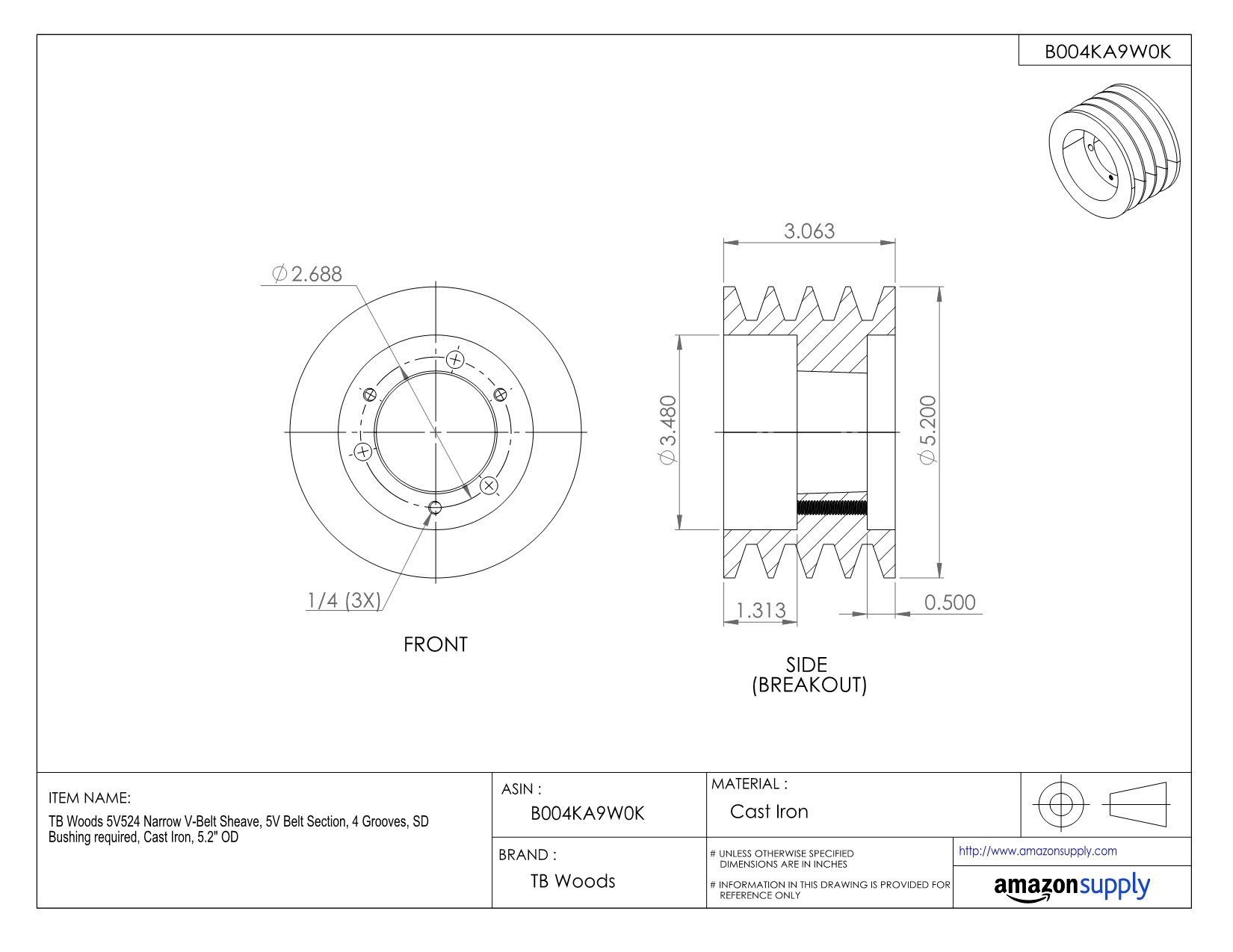 5V1324 Narrow V-Belt Sheave - 5V Belt Section, 4 Grooves, Cast Iron Pulley (13.2