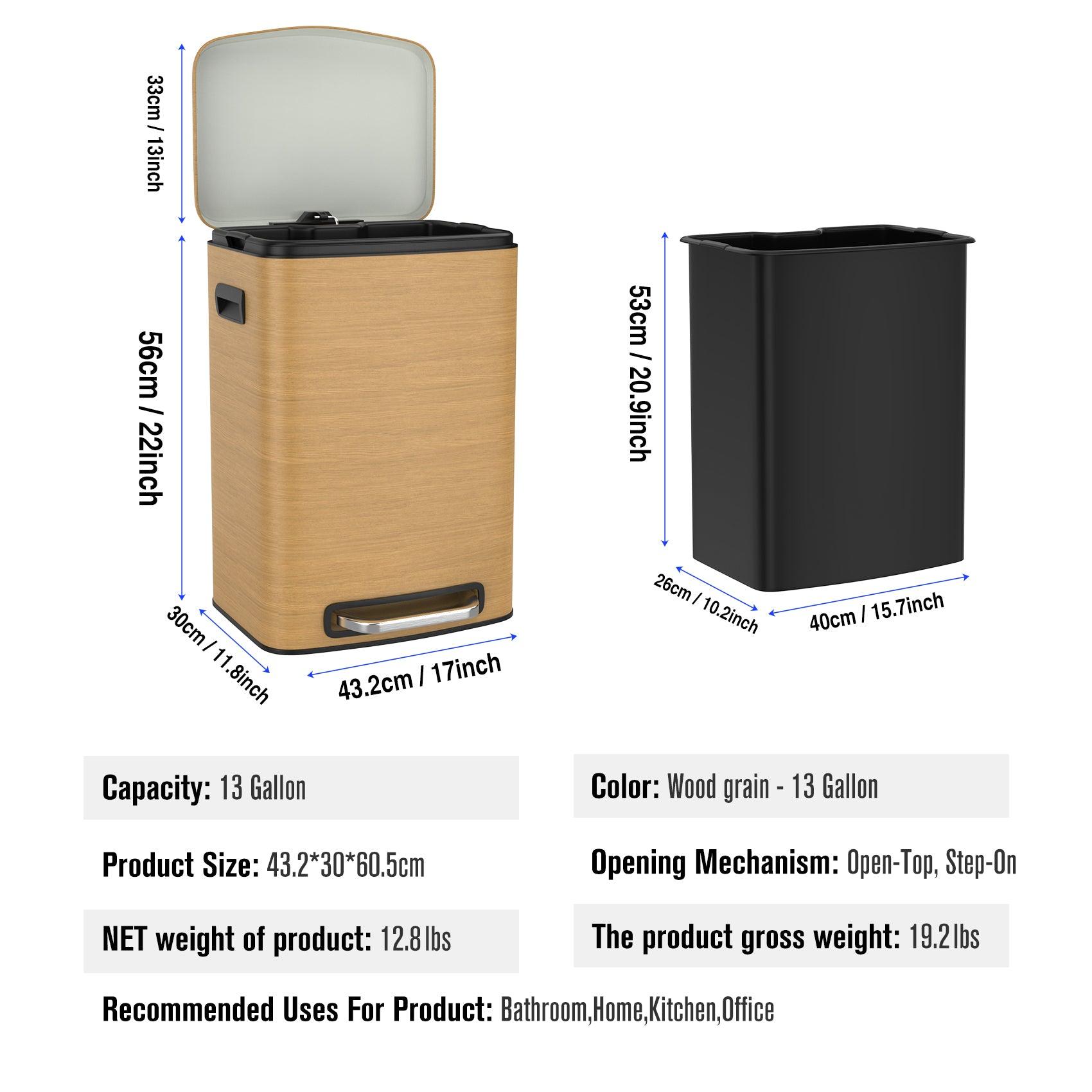 13 Gallon 50L Stainless Steel Rectangular Trash Can with Foot Pedal - Soft Close Lid, Wood Texture Design - Includes 30 Garbage Bags - Perfect for Kitchen, Office, or Bathroom Waste Disposal