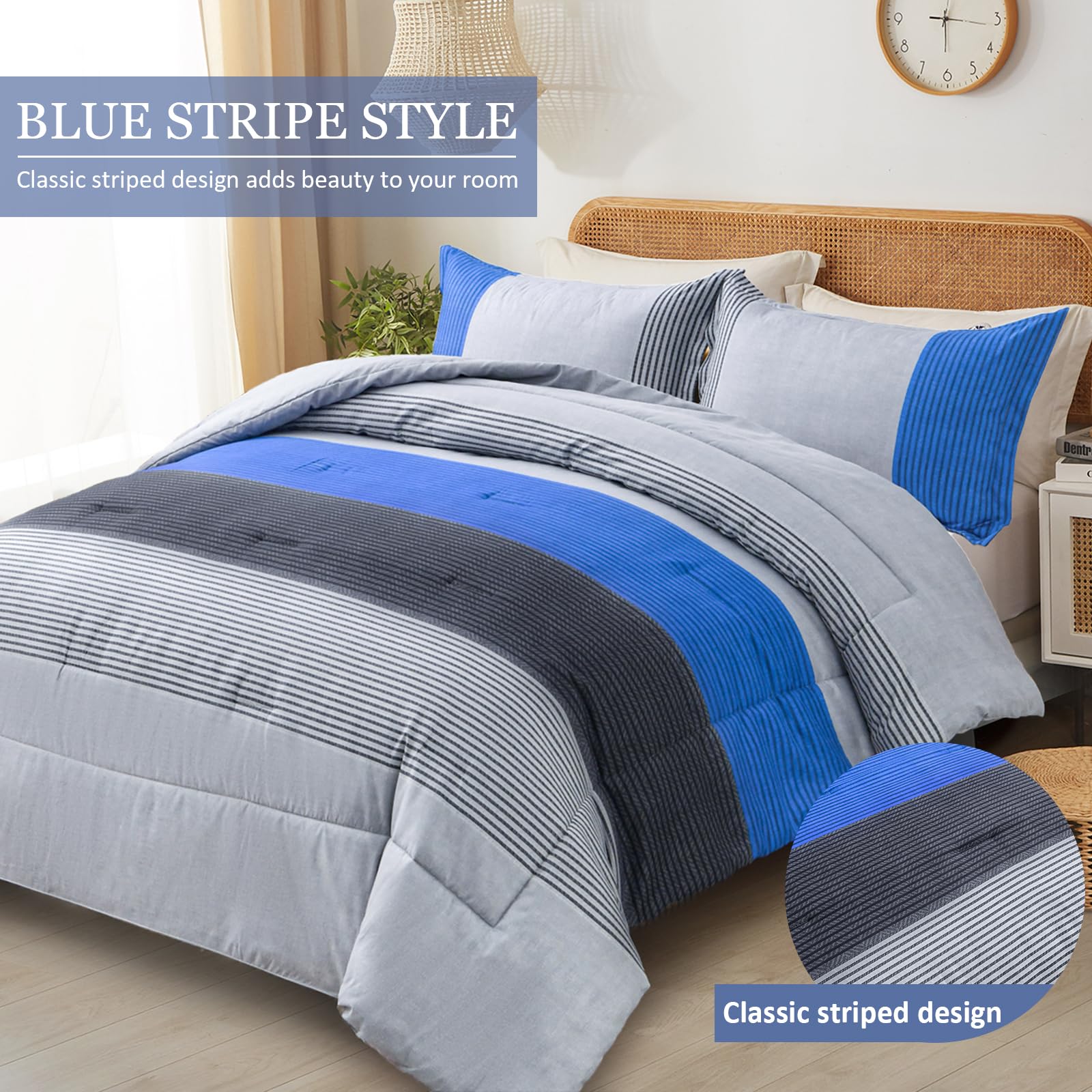 WONGS BEDDING King Size Blue & Grey Reversible Down Alternative Comforter Set - 3 Piece Microfiber Bedding (104