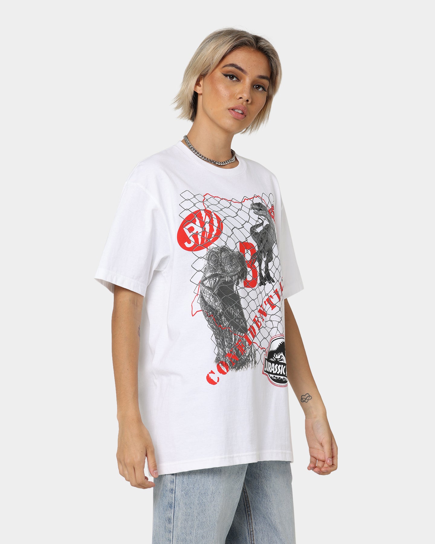 American Thrift Jurassic Park T-Shirt - White Cotton Tee with Dinosaur Print | Perfect for Movie Fans, Cosplay & Casual Wear