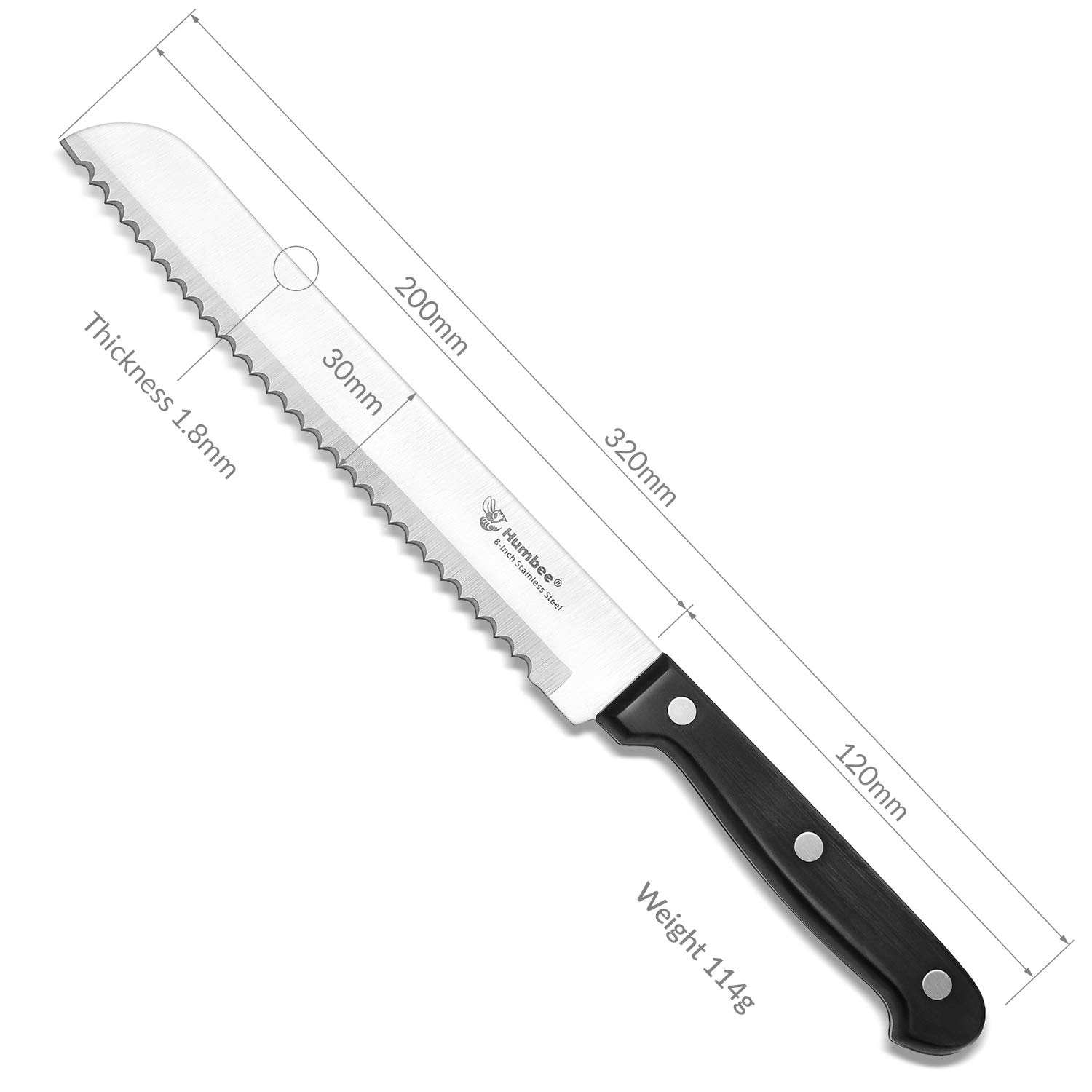 8 Inch Serrated Bread Knife with Wave Edge - Black Blade for Slicing Bread, Cakes, and Pastries - Perfect for Home Kitchens and Bakeries