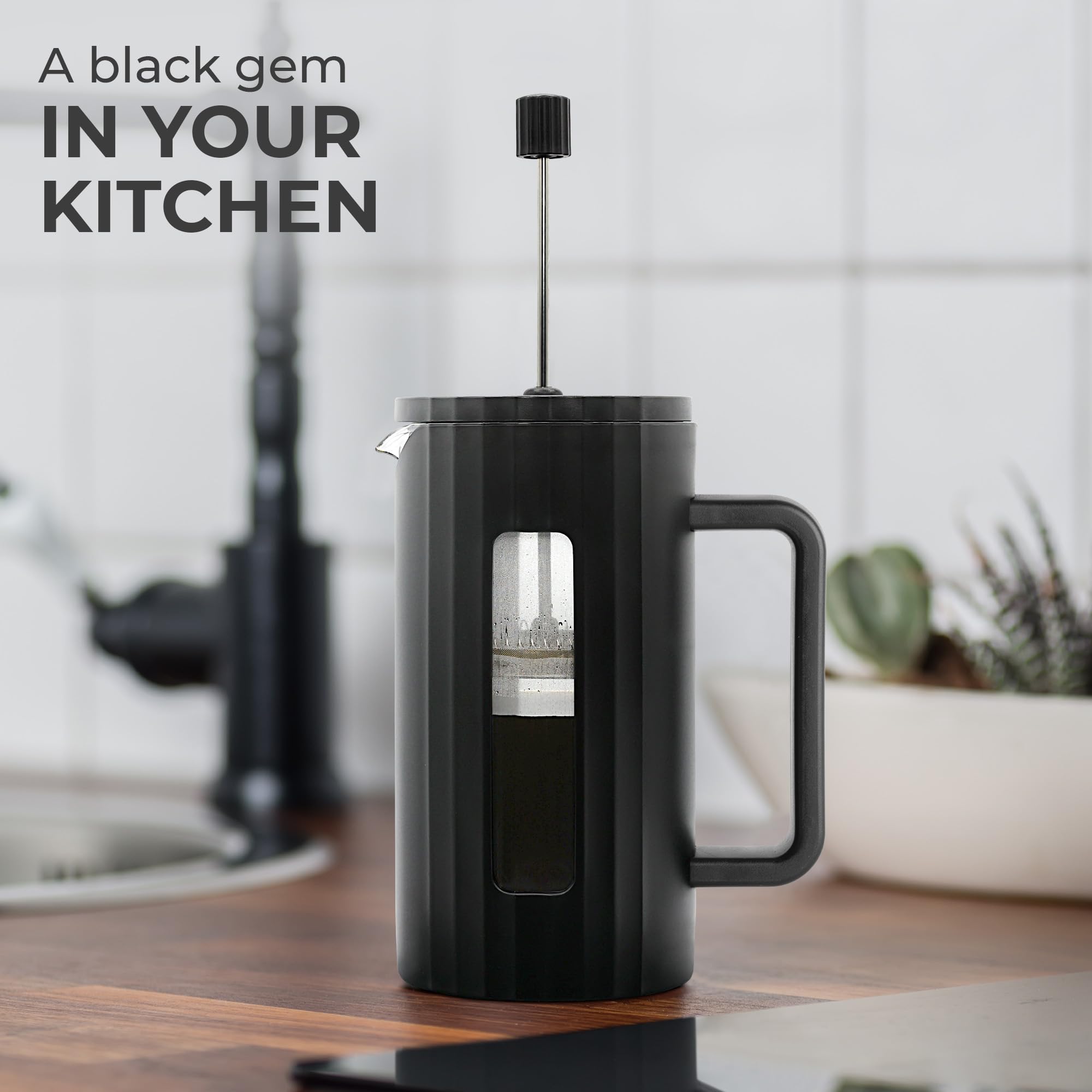 Kaffè French Press Coffee Maker (34oz / 1L) - Borosilicate Glass & BPA-Free Plastic - Matte Black - Lightweight Portable for Travel, Camping, Office & Home Brewing - Perfect for Coffee Lovers & Outdoor Enthusiasts