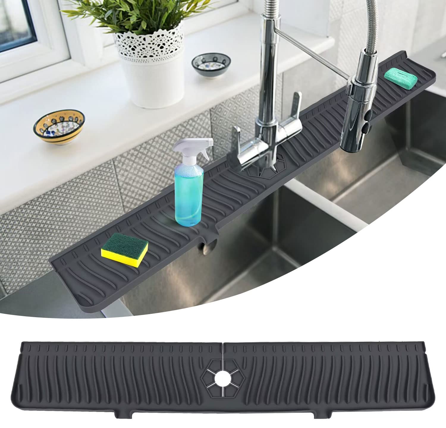 30 Inch Silicone Sink Splash Guard Mat - Non-Slip Faucet Drip Catcher Tray for Kitchen & Bathroom | Dish Drying Mat, Sponge Holder & Countertop Protector (Black) | Perfect for Preventing Water Spills While Washing Dishes or Brushing Teeth