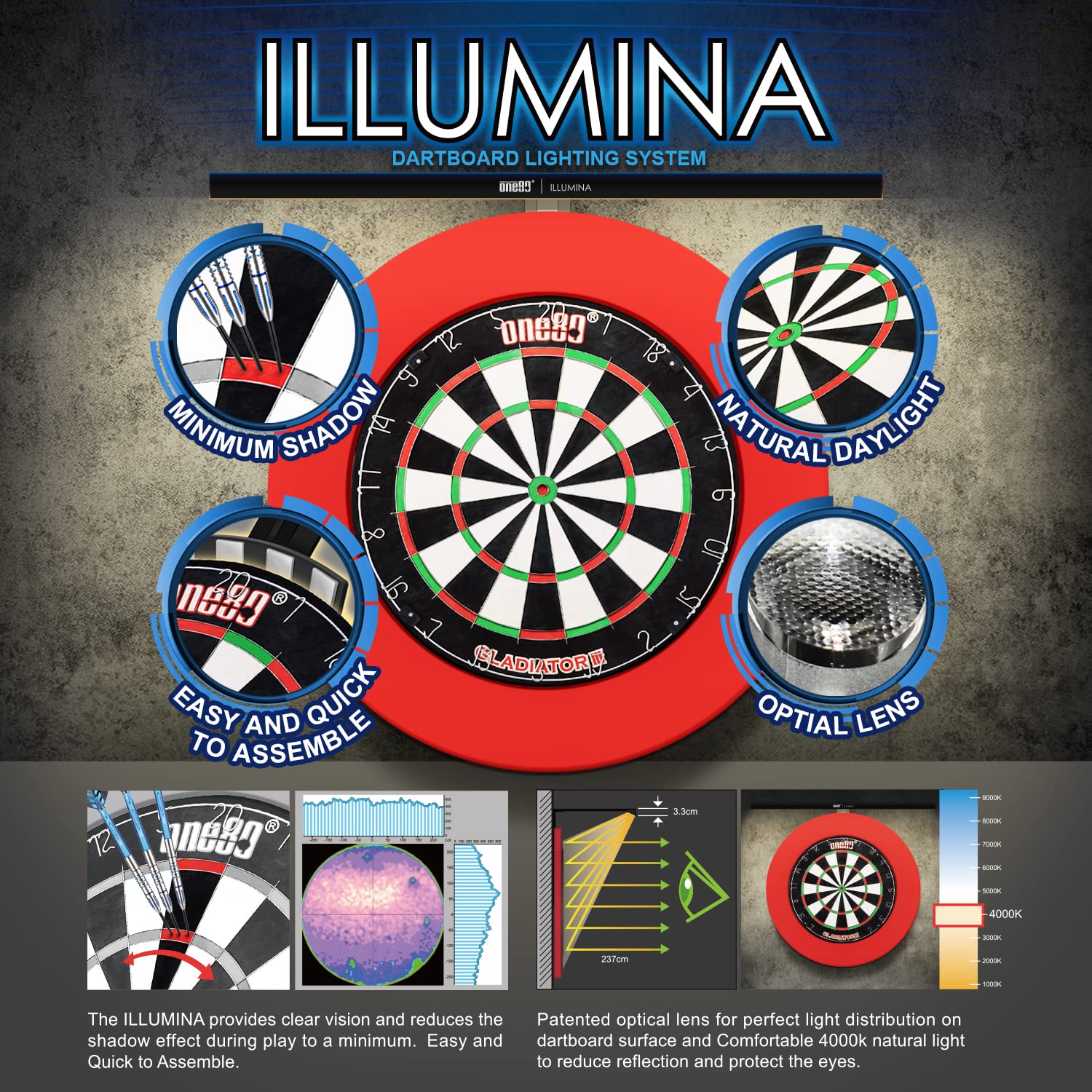 ILLUMINA Dartboard Lighting System - Minimal Shadow & Clear Vision Design with Natural Sunlight Effect | Includes Tape Measure & Spirit Level | Perfect for Home Game Rooms, Bars & Professional Dart Tournaments (Dartboard & Surround Not Included)