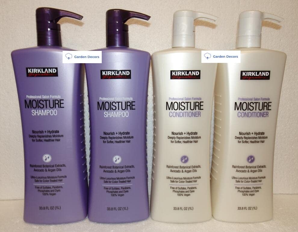 Kirkland Signature Professional Salon Formula Moisture Shampoo & Conditioner Set - 33.8 fl oz (1 Liter) x 4 Bottles - Hydrating & Nourishing for Dry Damaged Hair - Salon Quality Hair Care at Home - Perfect for Daily Use & Deep Conditioning Treatments