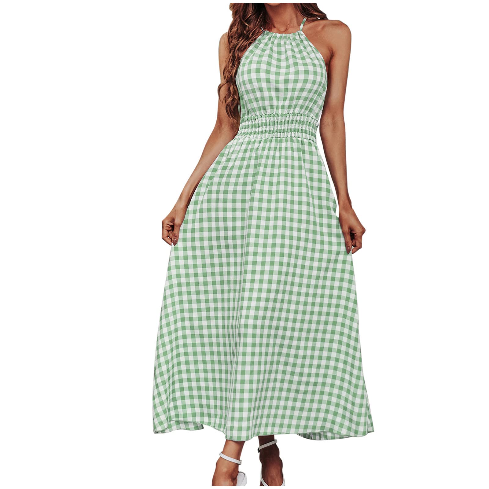 Women's Plaid Summer Dress - Casual Halter Neck Sleeveless Beach Sundress with Floral Print | Perfect for Vacation, Beach Outings, and Summer Parties