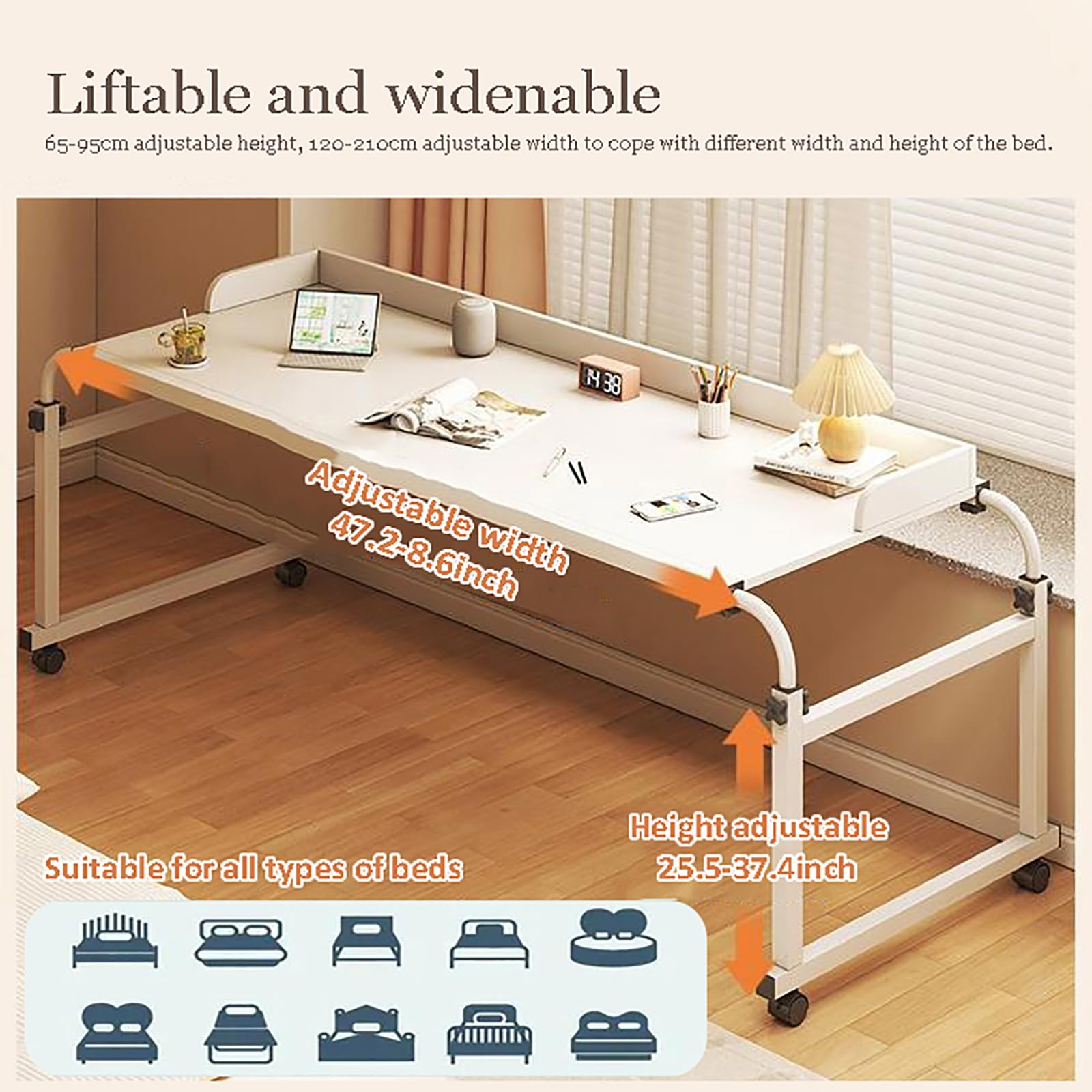 Adjustable Overbed Table with Wheels - Rolling Bedside Laptop Desk, Mobile Computer Workstation for Full/Queen/King Beds | Height & Length Customizable | Ideal for Home Office, Hospital Use, and Bedroom Workspaces