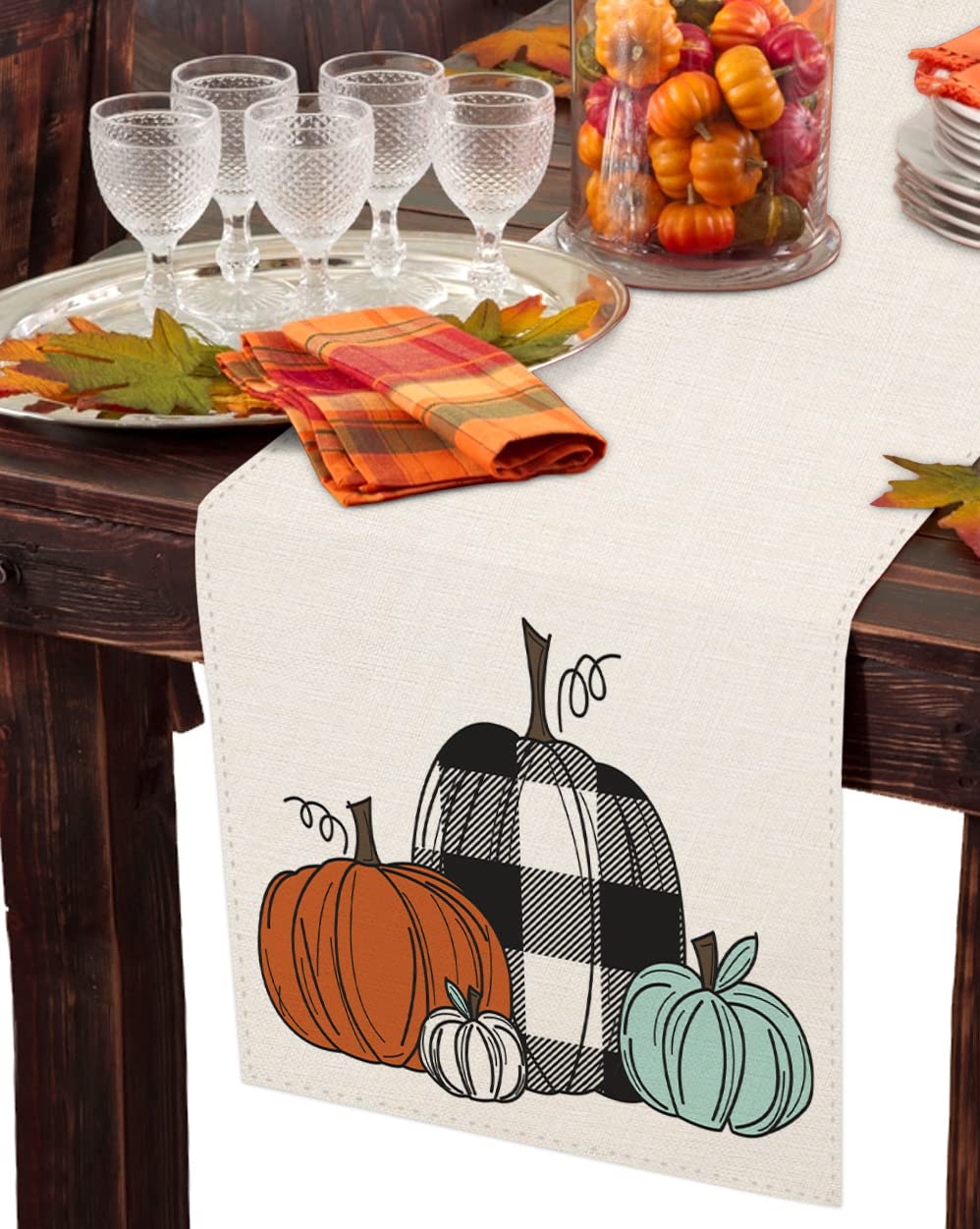 Buffalo Check Pumpkin Table Runner - 13x72 Inch Fall Farmhouse Decor for Kitchen, Dining Table, Coffee Table | Perfect for Autumn Parties, Thanksgiving, Indoor & Outdoor Home Decor (SK006)