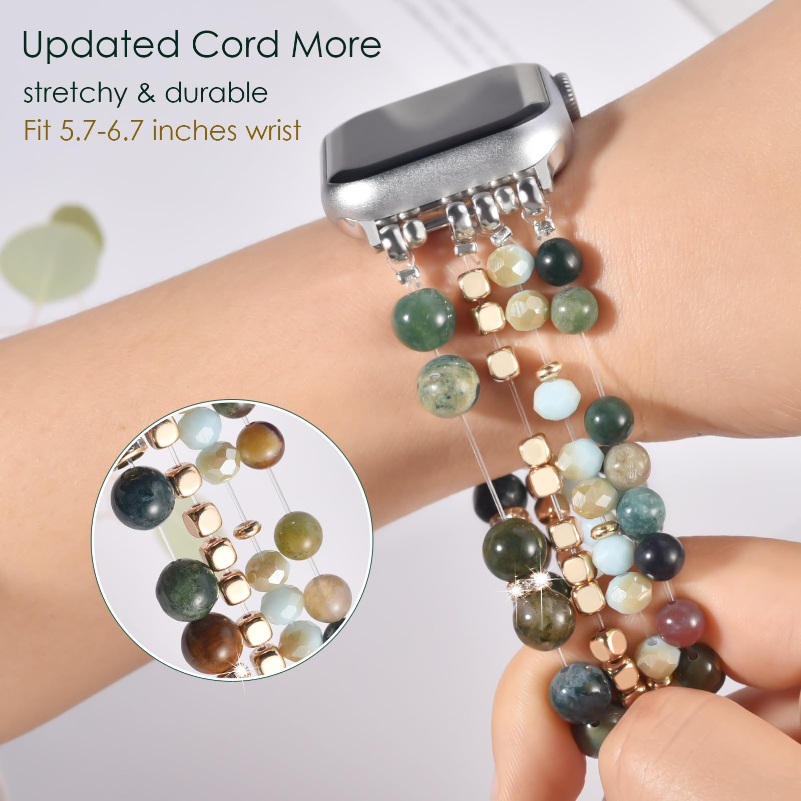 Natural Stone Bracelet for Apple Watch 38mm 40mm 41mm 42mm 44mm 45mm - Handmade Beaded Stretch Strap Compatible with iWatch Series 9/8/7/6/5/4/3/2/1/SE - Elegant Women's Accessory for Work, Parties & Everyday Wear