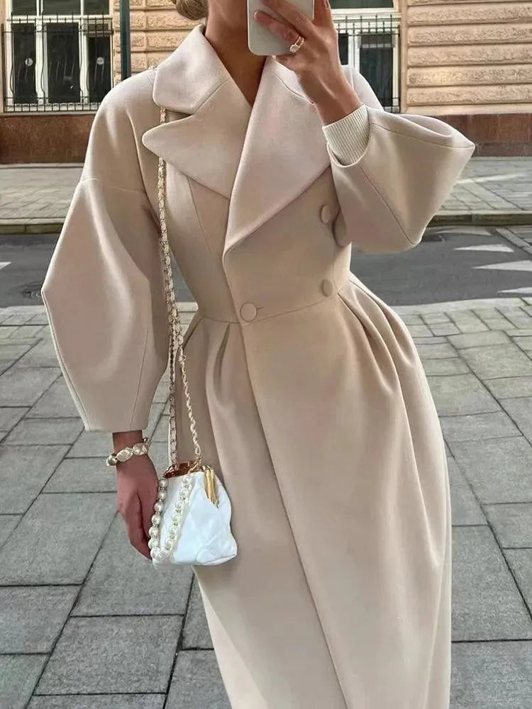Women's Stylish Lantern Sleeve Overcoat - Elegant Long Trench Coat for Fall & Winter - Perfect for Office, Date Night & Special Occasions