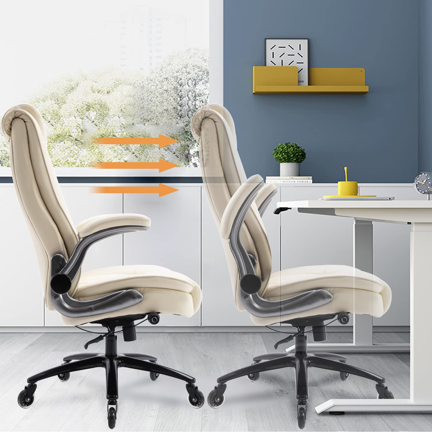 Ergonomic High Back Office Chair with Flip-Up Arms - Adjustable Executive Desk Chair with Built-in Lumbar Support & Thick Padding for Back Pain Relief - Perfect for Home Office, Gaming & Computer Work (Beige)