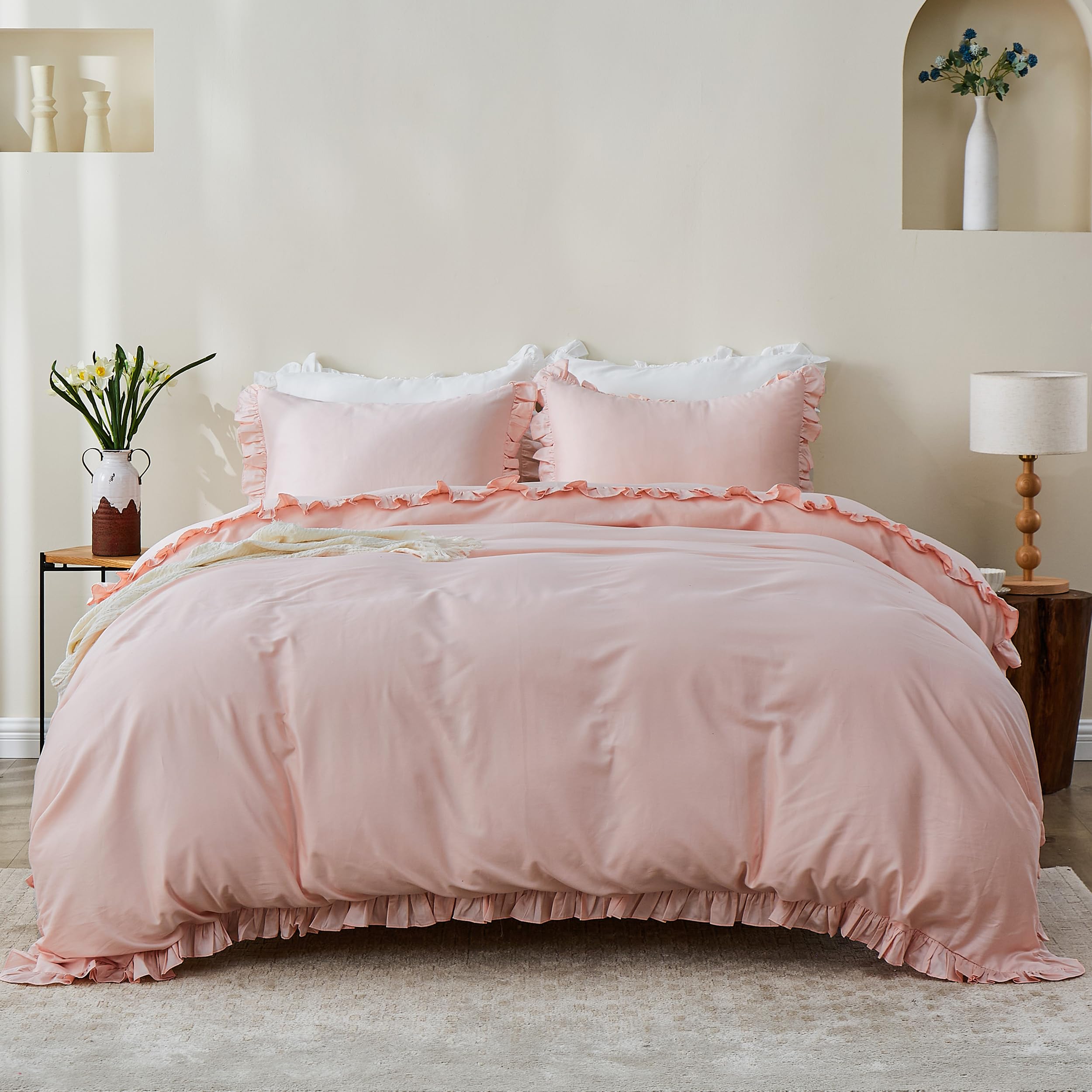 100% Organic Cotton Twin Duvet Cover Set with Ruffles - 2 Piece Boho Farmhouse Bedding (1 Duvet Cover + 1 Pillowcase) - Vintage Lace Shabby Chic Design for Teen Girls - Peach Pink - Perfect for Cozy Bedrooms & Boho Chic Decor
