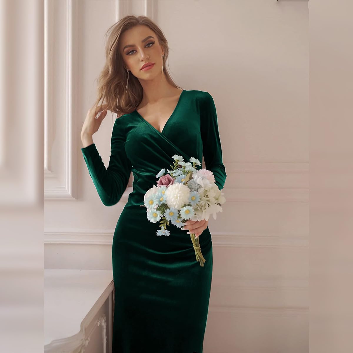 Elegant Women's Crushed Velvet Wrap Dress - V-Neck Long Sleeve Midi Cocktail Dress for Evening Party, Wedding Guest & Formal Occasions | Perfect for Holiday Gatherings, Date Nights & Special Events