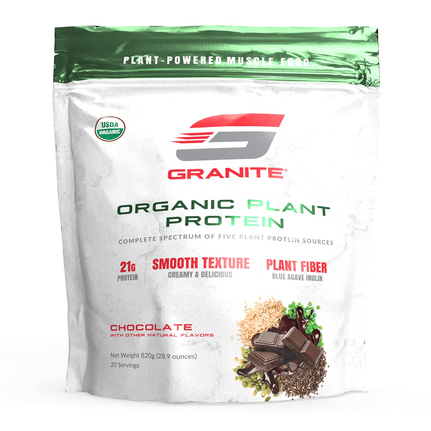 Granite® Organic Vegan Plant Protein Powder - Chocolate Flavor | 21g Complete Plant-Based Protein for Muscle Growth | Pea, Pumpkin, Chia, Rice & Coconut Milk Blend | Gluten-Free, Dairy-Free, Soy-Free | 1.8lb Bag | Perfect for Post-Workout Recovery & Healthy Smoothies