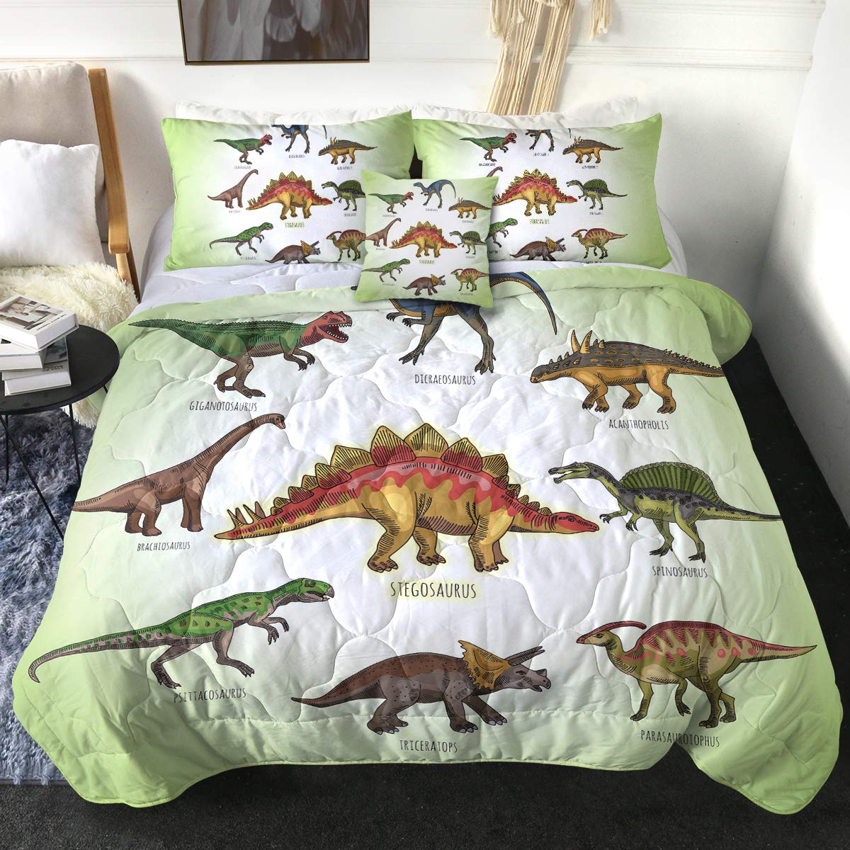 Dinosaur Print Comforter Set 3D Queen Size - 4 Piece Green & White Dino Bedding with 2 Pillow Shams + Cushion Cover | Ultra Soft, Lightweight & Fluffy | Jurassic Themed Kids Room Decor, Dinosaur Lover Gift, Cozy Bedroom Upgrade