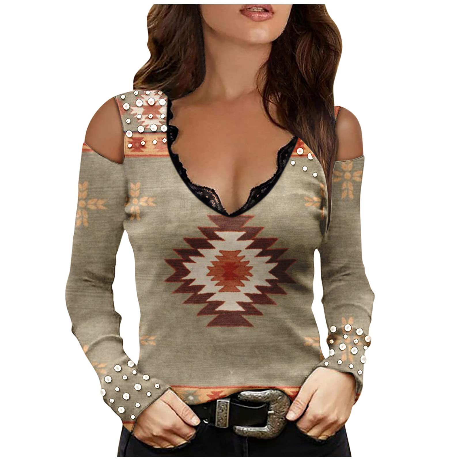Women's Sexy Casual 3/4 Sleeve Tiered Bell Sleeve Crewneck Loose Blouse Top - Flowy Dressy Shirt for Date Night & Office Wear