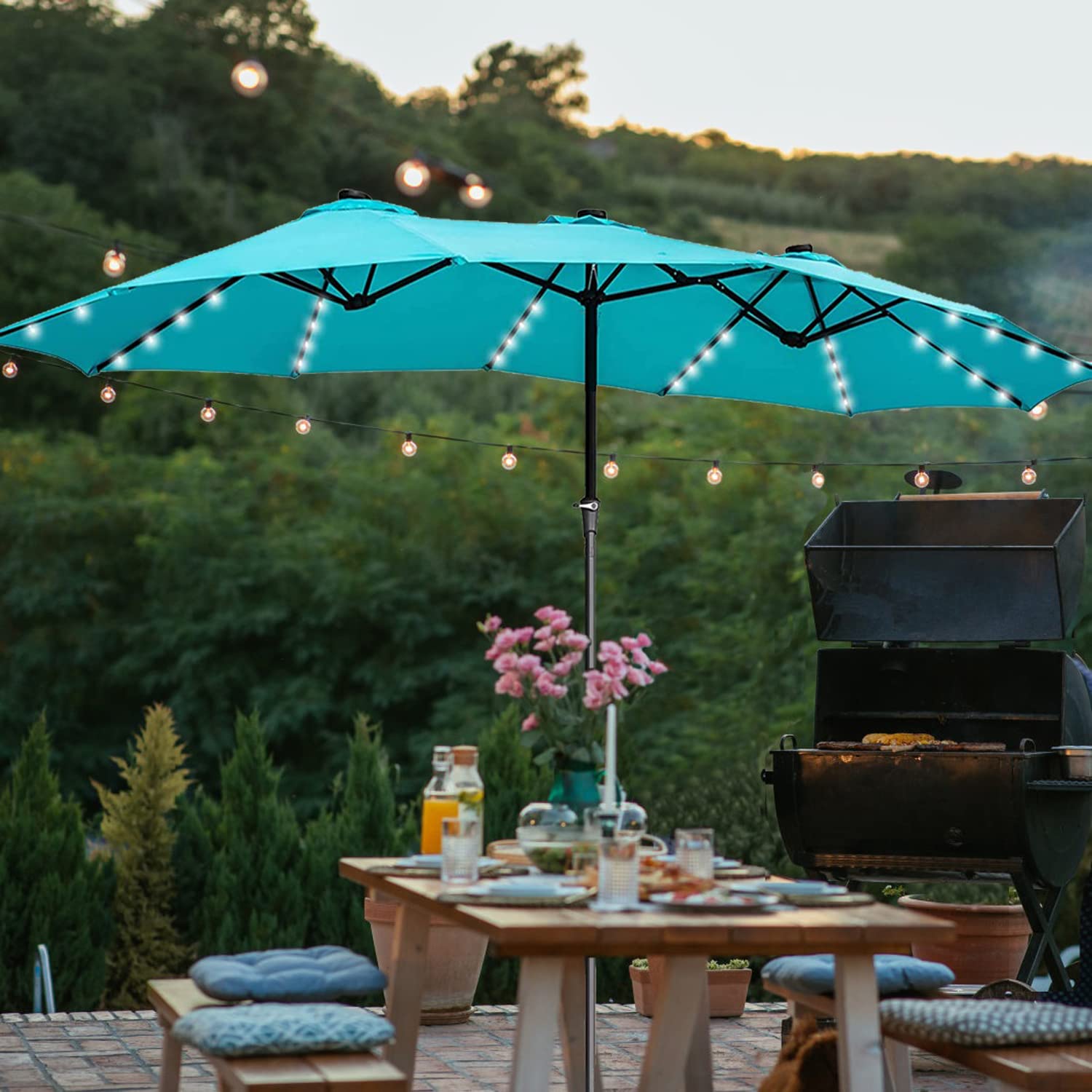 DOIT 15 Ft Large Double Sided LED Patio Umbrella - Outdoor Twin Market Umbrella with Built-in Lights, Waterproof & Windproof (Blue) - Perfect for Backyard, Poolside, Restaurant & Outdoor Dining Areas