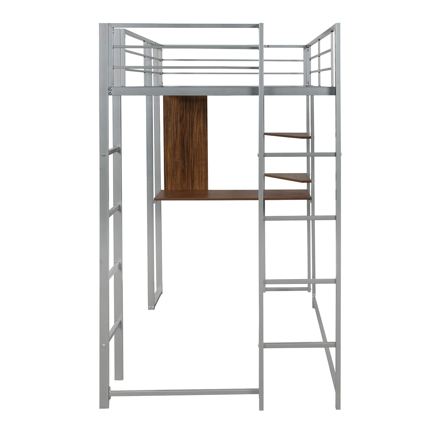 Twin Size Metal Loft Bed with Ladder & Built-in Desk - Sturdy Guardrail, Space Saving Design for Small Rooms - No Box Spring Required (Silver) | Perfect for Kids, Teens & College Dorm Rooms