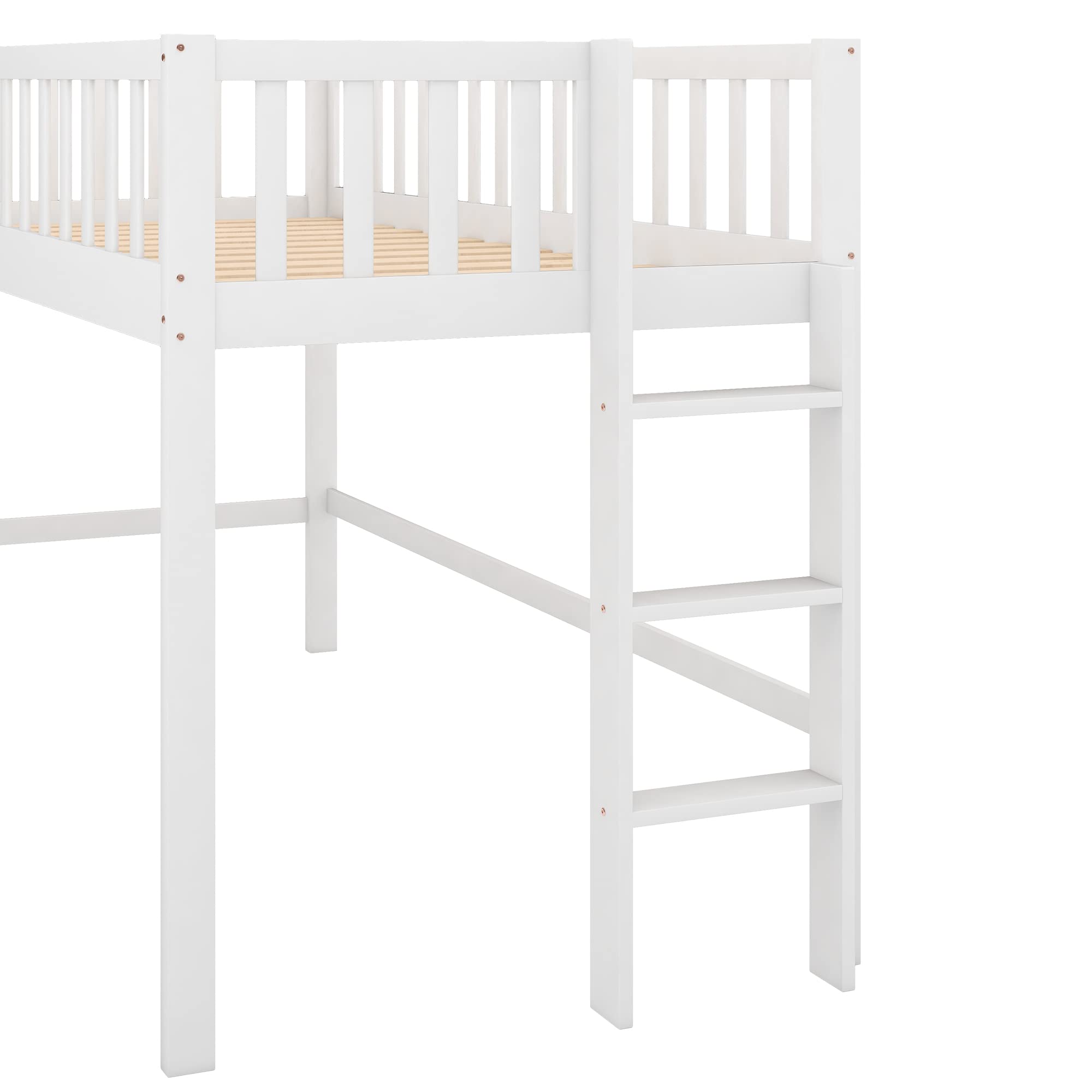 Twin Size Wooden Loft Bed with Slide - Low Bunk Bed Frame for Kids, Boys & Girls (White) - Perfect for Small Bedrooms, Playrooms & Kids' Sleepovers