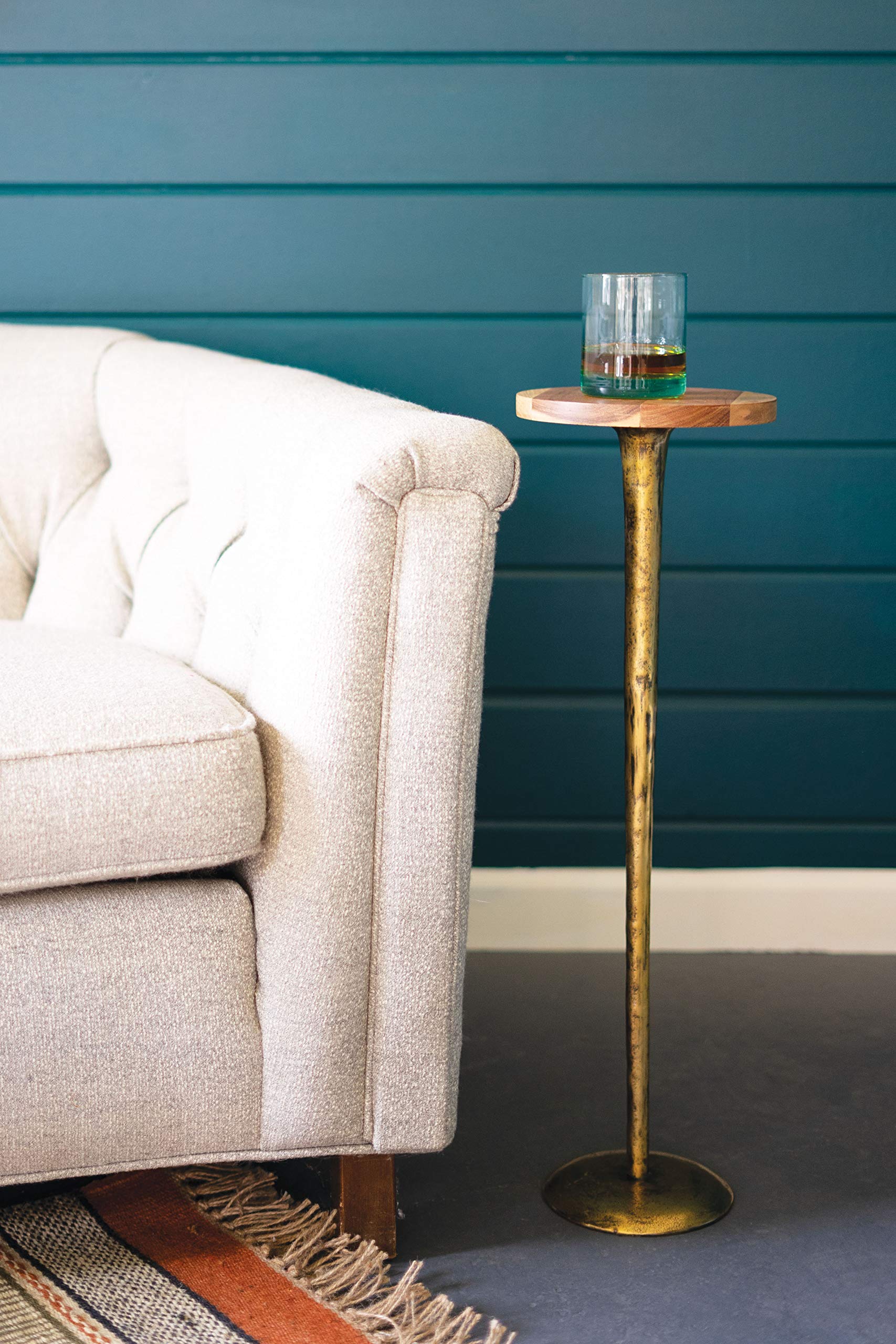 Vintage Brass Metal Accent Table with Modern Wood Top - Slim Drink Stand Cocktail Table for Living Room, Bedroom & Patio | MY SWANKY HOME