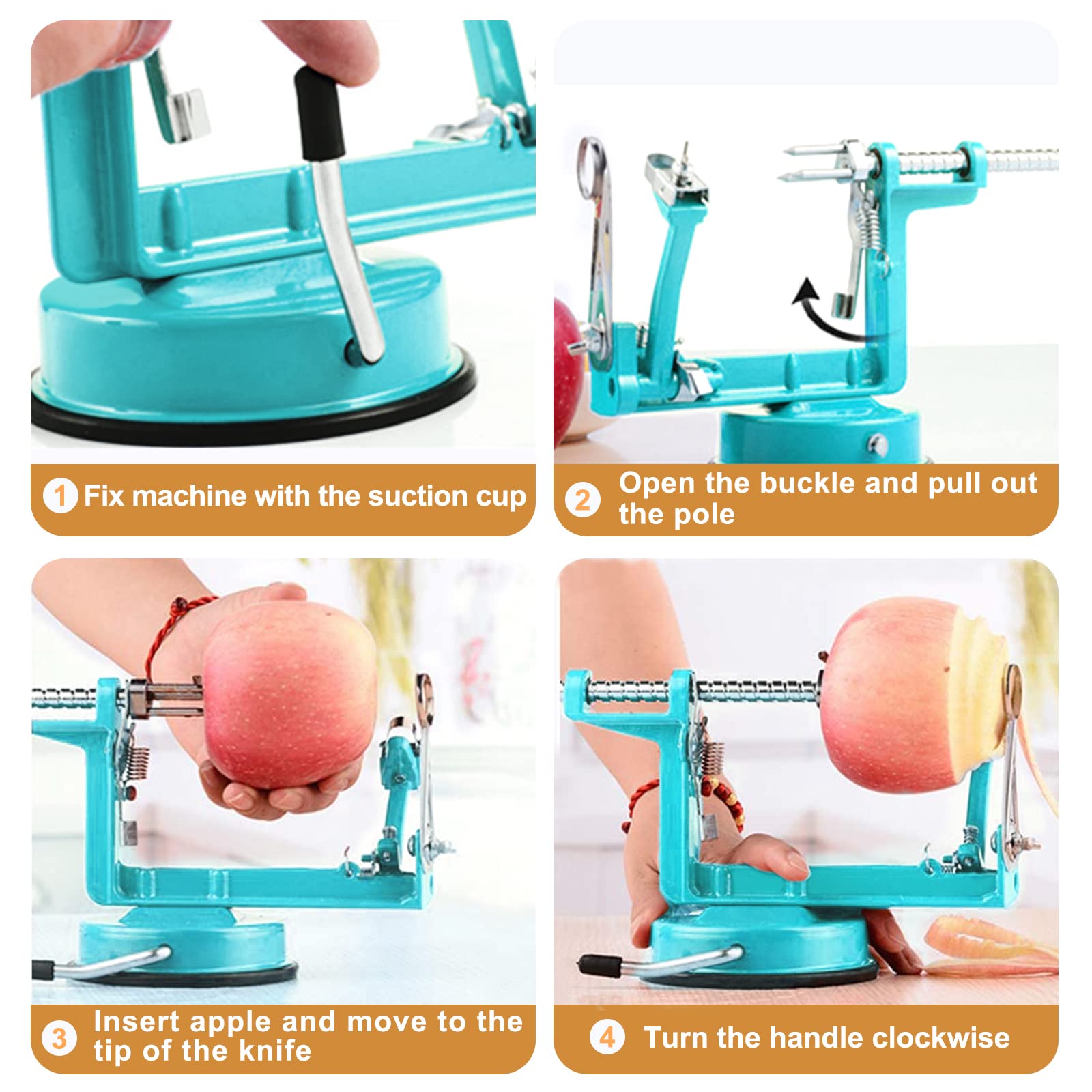 Stainless Steel Apple Peeler Slicer Corer with Powerful Suction Base - Effortlessly Peel, Slice & Core Apples, Pears, Potatoes (Blue) - Perfect for Baking, Cooking & Meal Prep