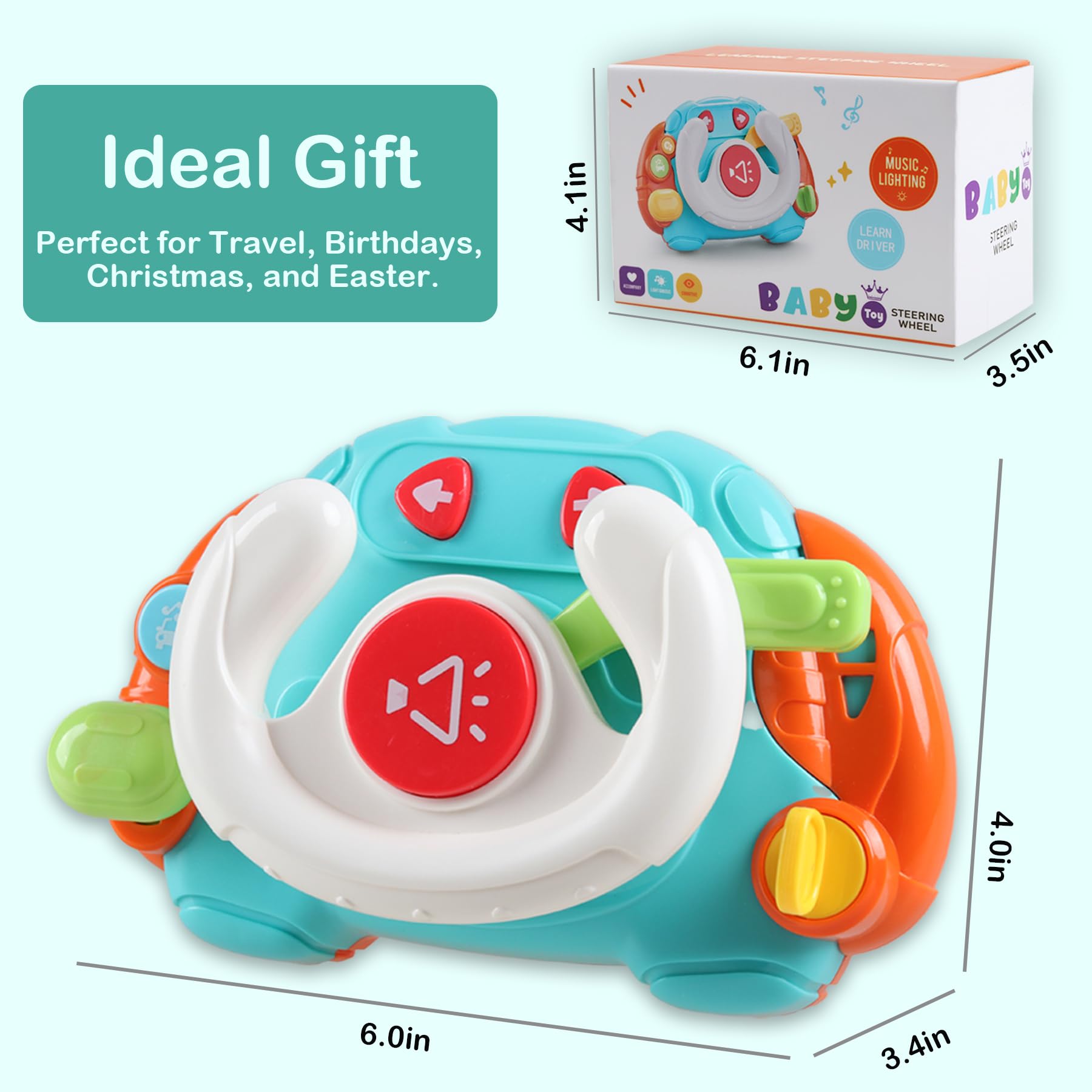 Montessori Baby Sensory Learning Toys with Sound & Light - Interactive Steering Wheel Music Toy for Infants 6-18 Months - Toddler Travel Activity & Shower Gift for 1-3 Year Old Boys Girls - Perfect for Car Rides, Early Learning & Developmental Play