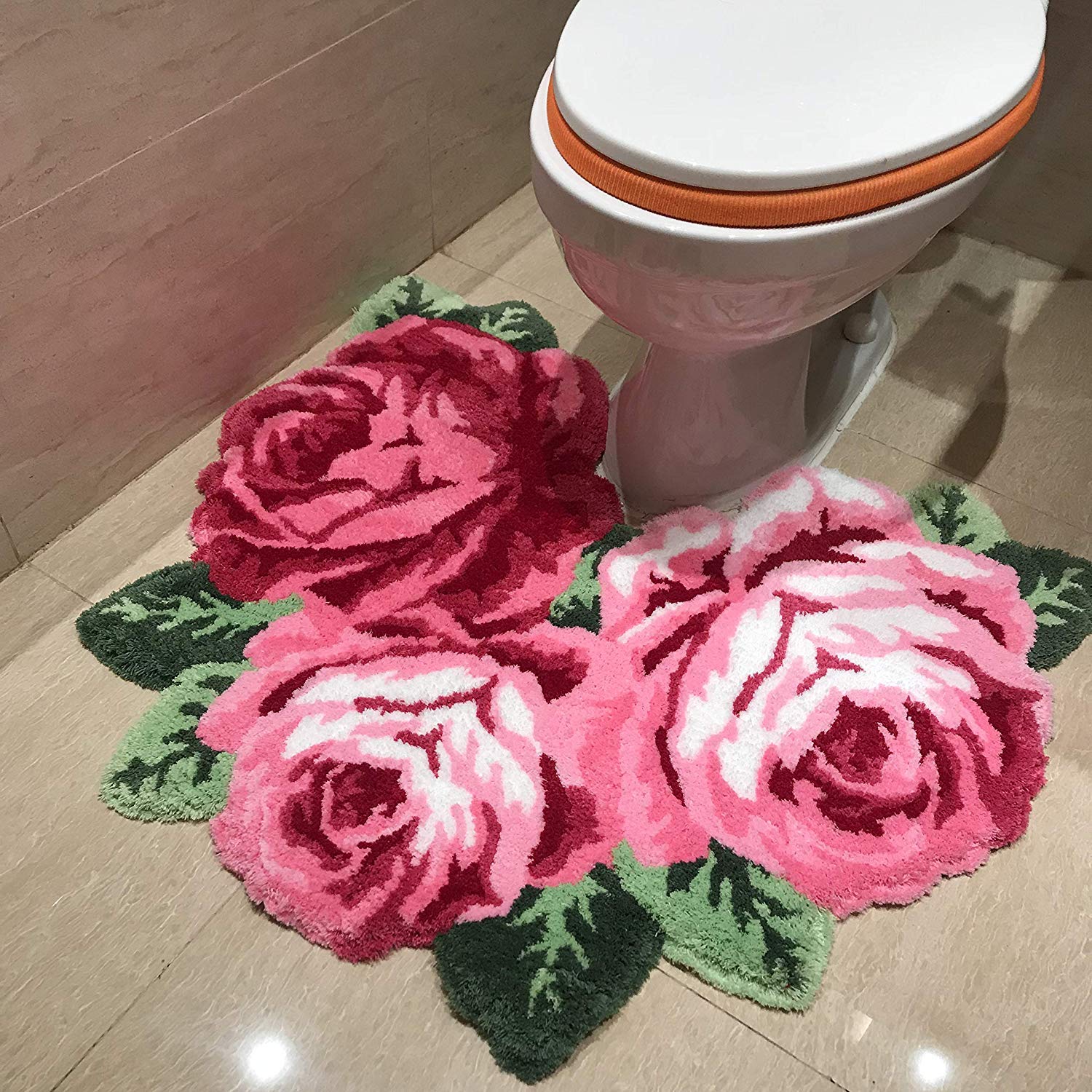 Satbuy Soft Plush High-Pile Bathroom Rug - Absorbent Non-Slip Toilet Mat with Rose Pattern, Machine Washable 31x24 Inch Pink Bath Mat for Vanity, Bathtub & Shower - Perfect for Cozy Bathroom Decor & Warm Feet Comfort