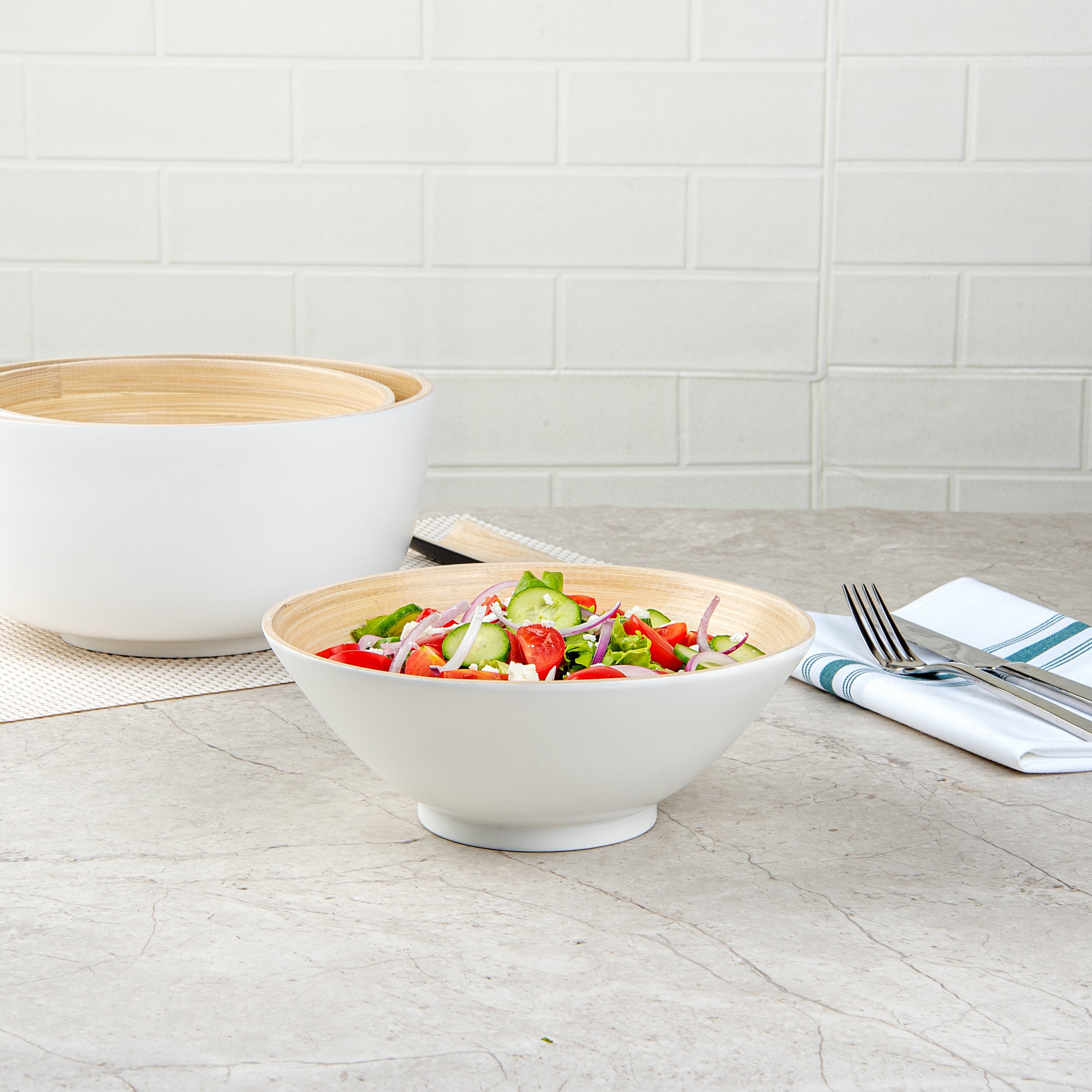 Bambuddha 29 oz Round White Spun Bamboo Serving Bowl - 8.25