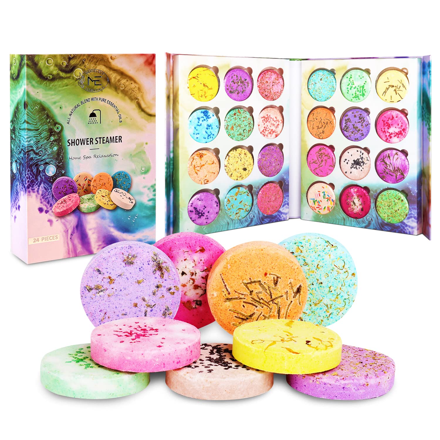24-Pack Aromatherapy Shower Steamer Tablets with Pure Essential Oils & Sea Salt - Natural Stress Relief Bath Bombs for Relaxation, Spa Gift Set - Perfect for Self-Care, Mother's Day & Holiday Gifts