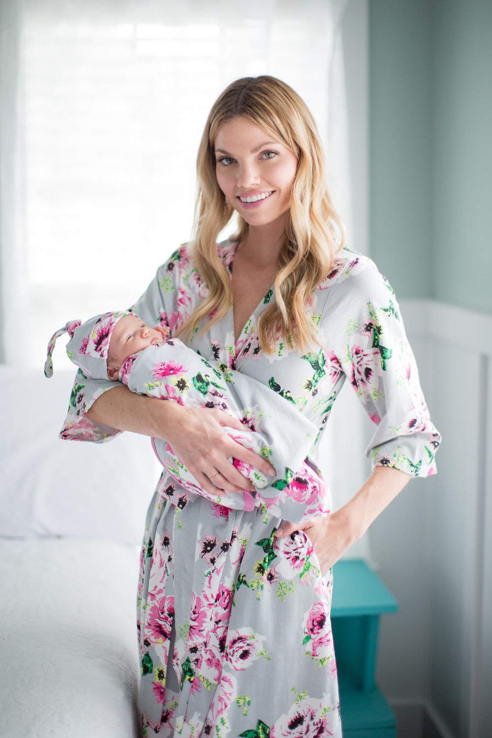 Baby Be Mine Maternity Nursing Robe & Swaddle Blanket Set with Daddy T-Shirt - Soft Delivery Gown for New Moms & Baby Girl (Small/Medium, Olivia) | Perfect for Hospital Birth, Breastfeeding & Newborn Photo Shoots