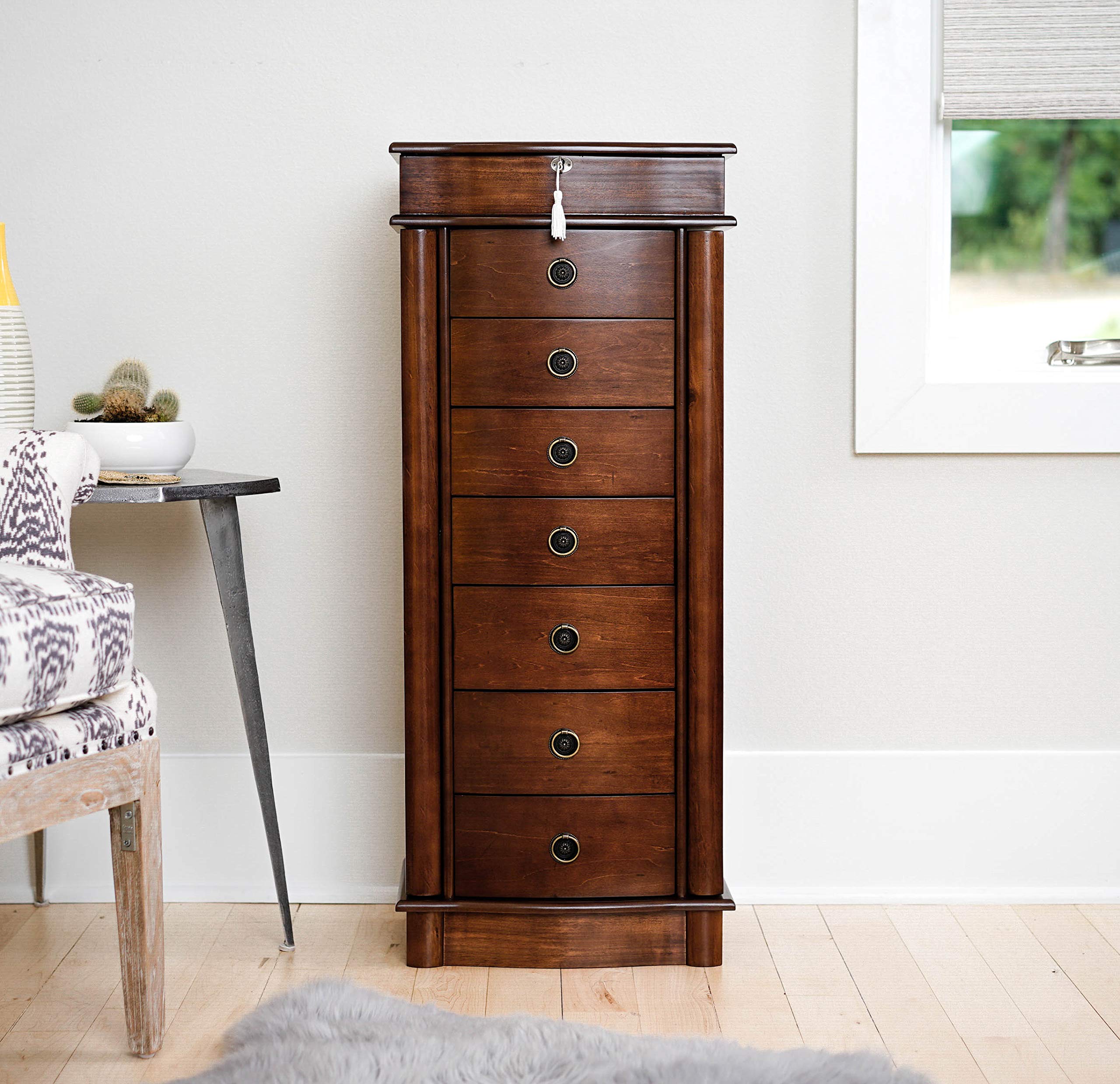 Hives & Honey Noel Standing Jewelry Armoire Cabinet - Locking Jewelry Storage Organizer with Flip Mirror, 2 Side Doors & 7 Drawers - Walnut Jewelry Chest for Necklaces, Earrings, Bracelets - Perfect for Bedroom, Closet or Dressing Room Organization
