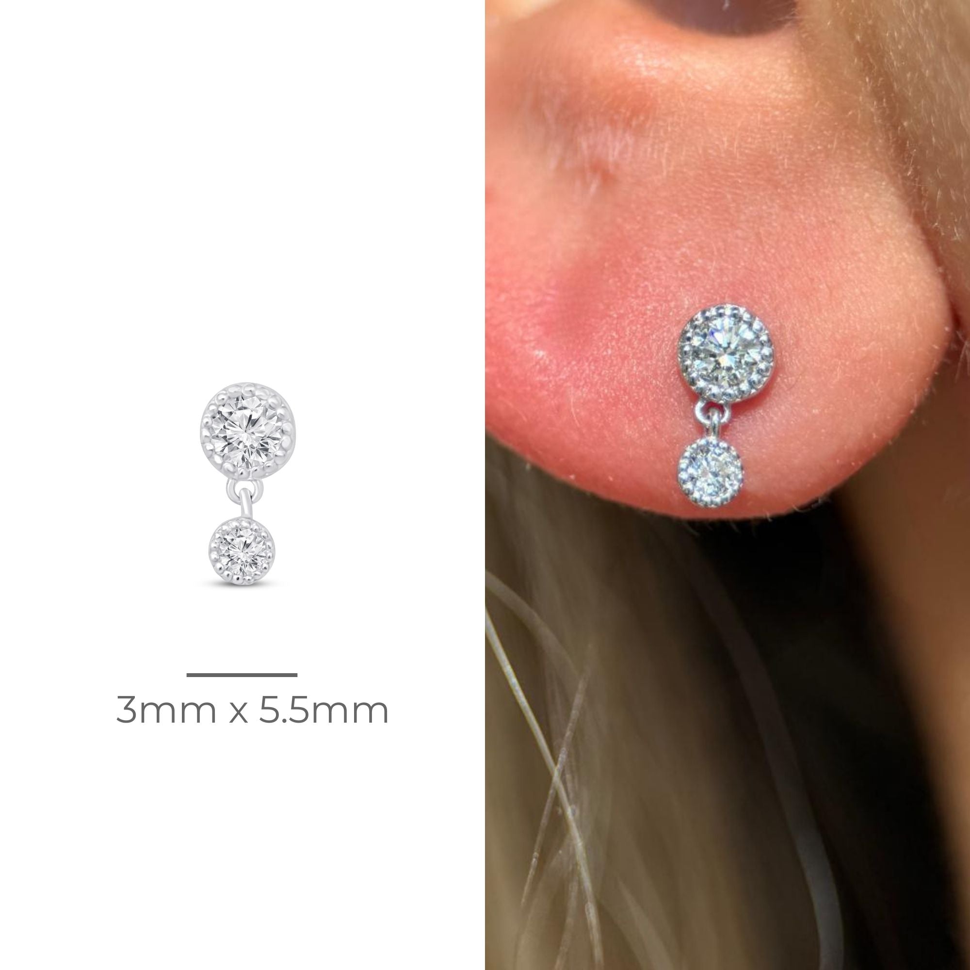 14K White Gold Double Diamond Drop Flat Back Stud Earrings - Elegant & Durable for Everyday Wear, Parties & Special Occasions