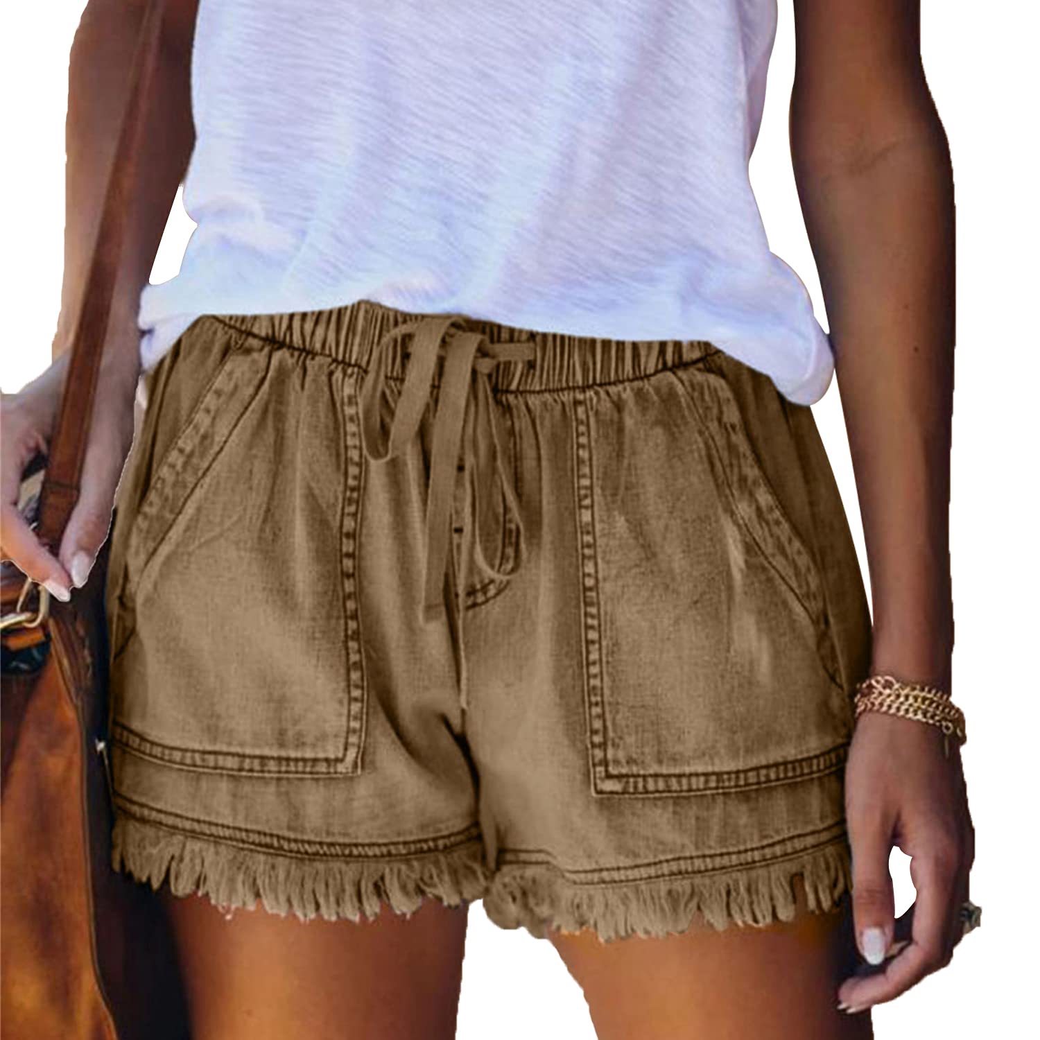 Women's High Waisted Denim Shorts - Frayed Raw Hem, Elastic Drawstring, Casual Baggy Cotton Linen Shorts for Summer (Khaki, Medium) | Perfect for Beach, Vacation, and Everyday Wear