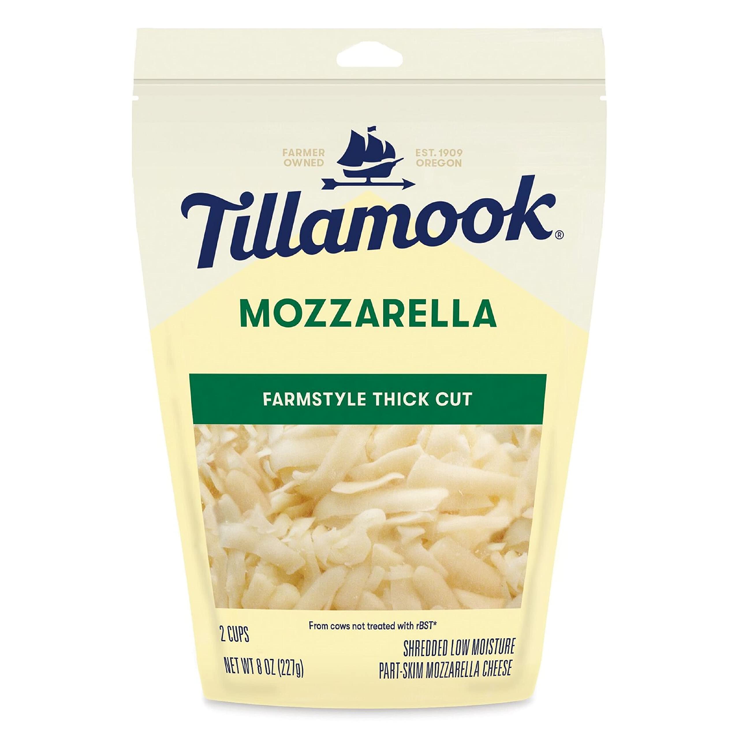 Tillamook Mozzarella Shredded Cheese 8 oz - Fresh Italian Style Cheese for Pizza, Pasta & Salads - Resealable Bag (Packaging May Vary)