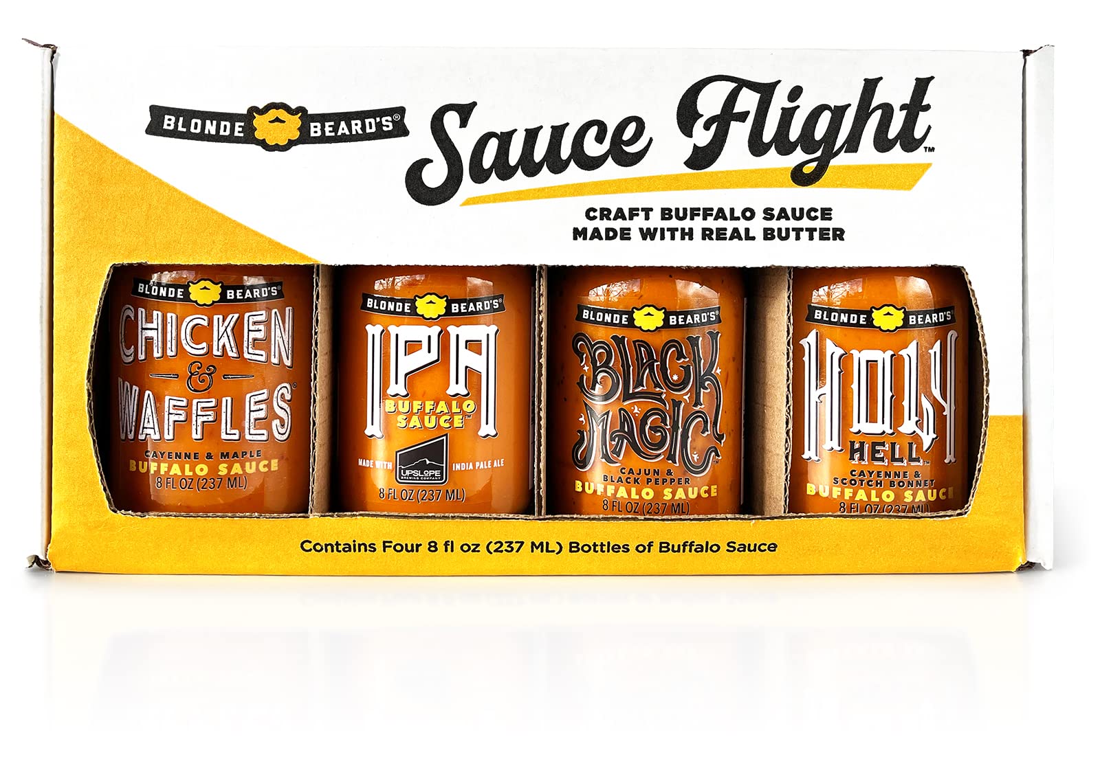 Blonde Beard's Buffalo Sauce Variety 4-Pack - Wing Sauce Gift Set with Chicken & Waffles, IPA Buffalo, Black Magic & Holy Hell (Mild to Extra Hot) - Perfect for Chicken Wings, Burgers, Pizza & Dips (4 x 8 fl oz Bottles) - Premium Hot Sauce Collection for BBQ, Parties & Gifts