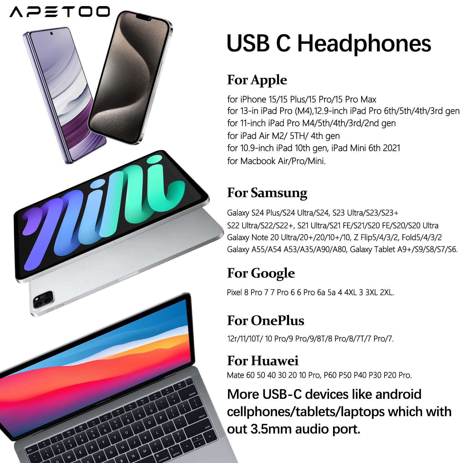 APETOO USB C Wired Earbuds with Charging Port - Noise Cancelling Magnetic In-Ear Earphones with Mic & Volume Control - Compatible with iPhone 16/15/Plus/Pro Max, Samsung S24/S23/S22/A53, iPad, Pixel & OnePlus - Perfect for Commuting, Workouts & Gaming