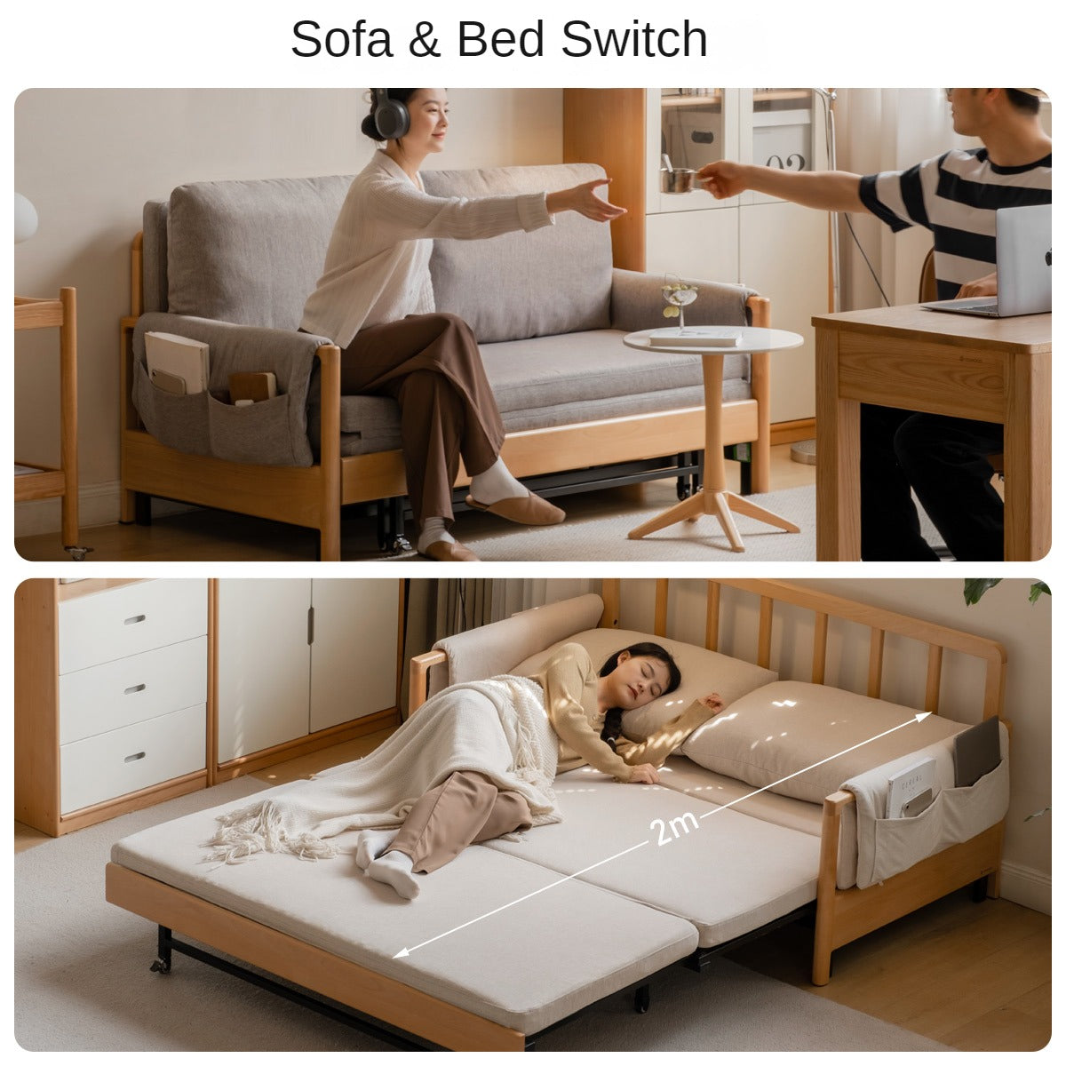 Modern Beech Solid Wood Sofa Bed - Convertible Sleeper for Small Spaces, Guest Room & Studio Apartments