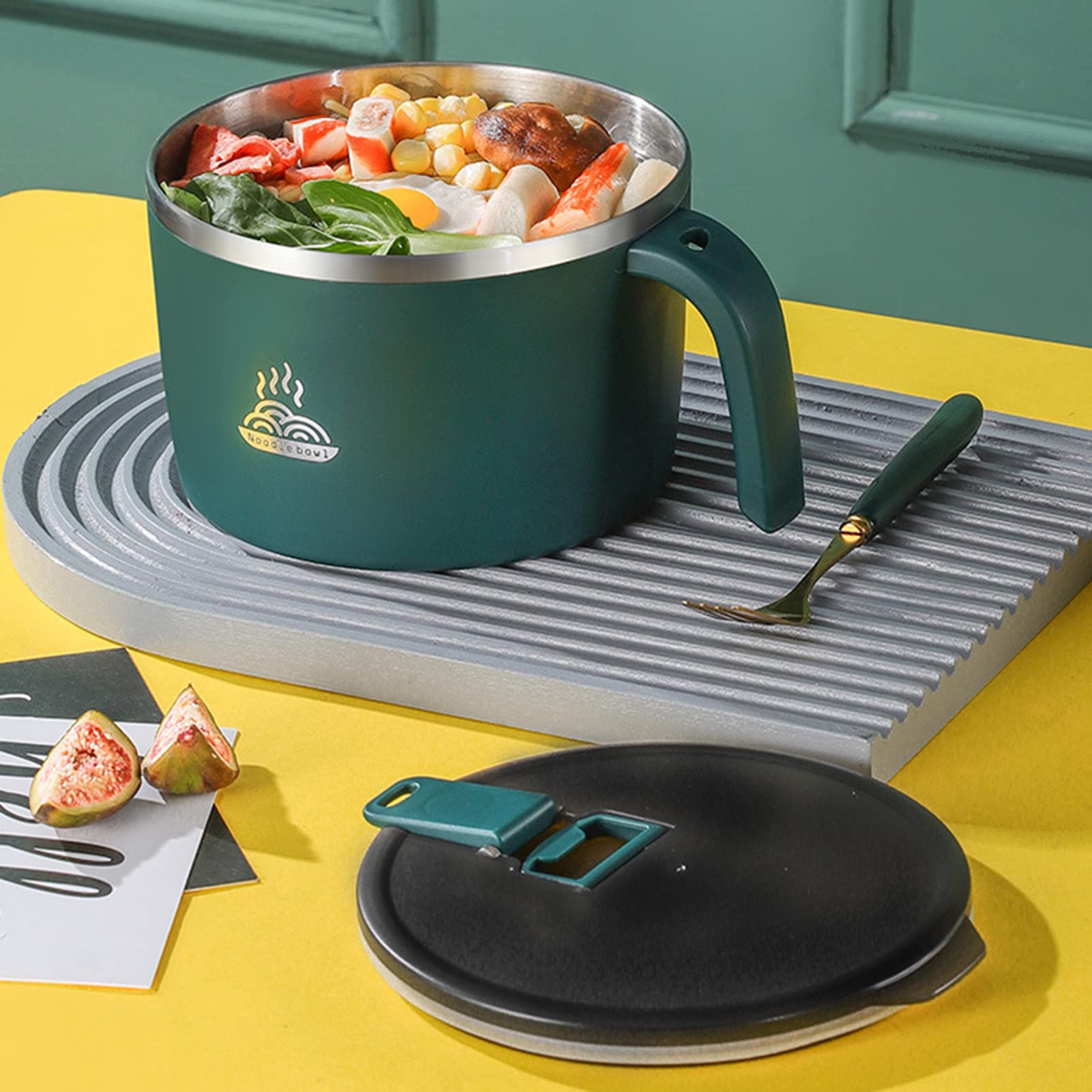 Stainless Steel Instant Noodles Bowl with Lid - 900ML Double Layer Thermal Soup Bowl, Insulated Lunch Box for Cooking & Storing Food - Perfect for Home, Kitchen, Office & Camping (Green)