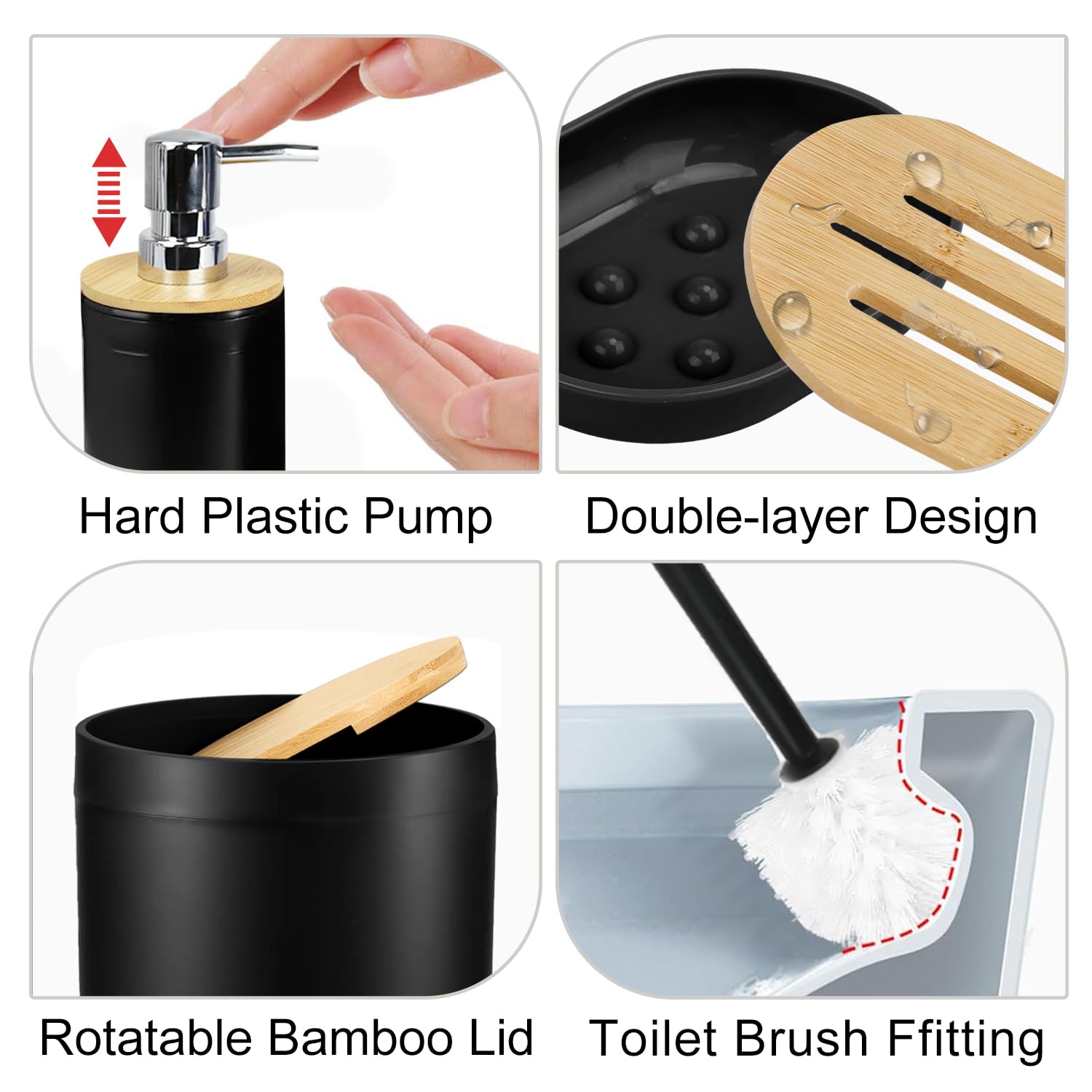 CERBIOR 6-Piece Bamboo Bathroom Accessory Set - Soap Dish, Toothbrush Holder, Rinse Cup, Lotion Bottle, Trash Can & Toilet Brush | Eco-Friendly Toilet Organizer for Bathroom, Powder Room & Guest Bath | Modern Black Bath Essentials for Home Decor