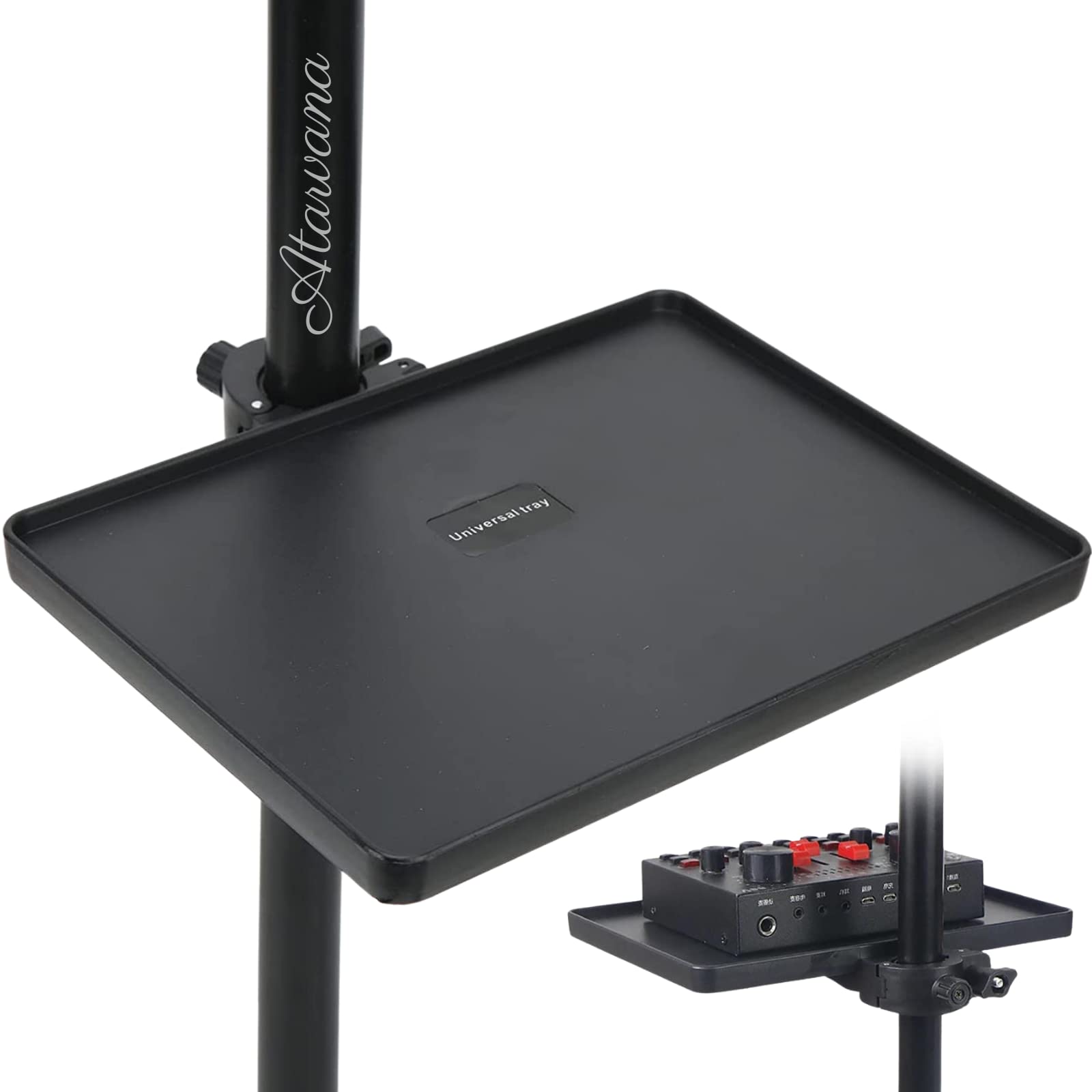 Universal Microphone Stand Tray - Adjustable Clamp-On Utility Shelf for Sheet Music, Streaming & Recording | Durable Mic Stand Accessory for Live Performances, Karaoke, Studio Sessions & Music Practice