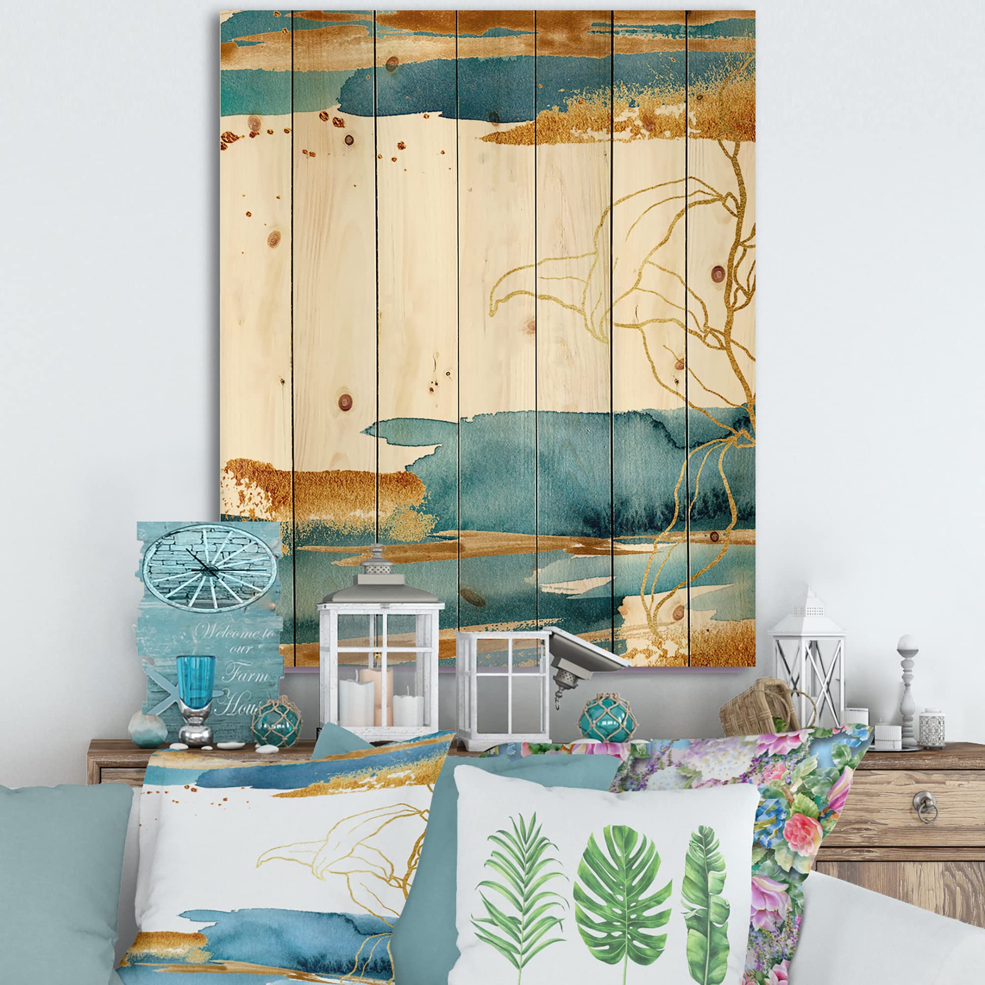 DesignQ Golden Laminaria Branch & Leaves Wood Wall Art - Handcrafted Blue Floral Wall Decor Panel Printed on Natural Pine Wood - Perfect for Living Room, Bedroom & Office Decoration
