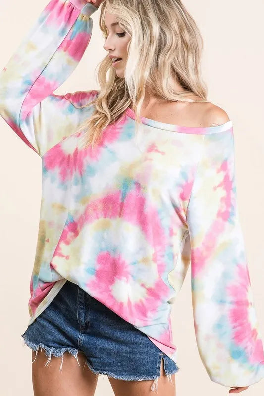 BiBi Tie Dye Print Terry Top with Puff Sleeves | Women's Fashion Casual Blouse | Perfect for Summer Outfits, Beach Wear & Boho Style