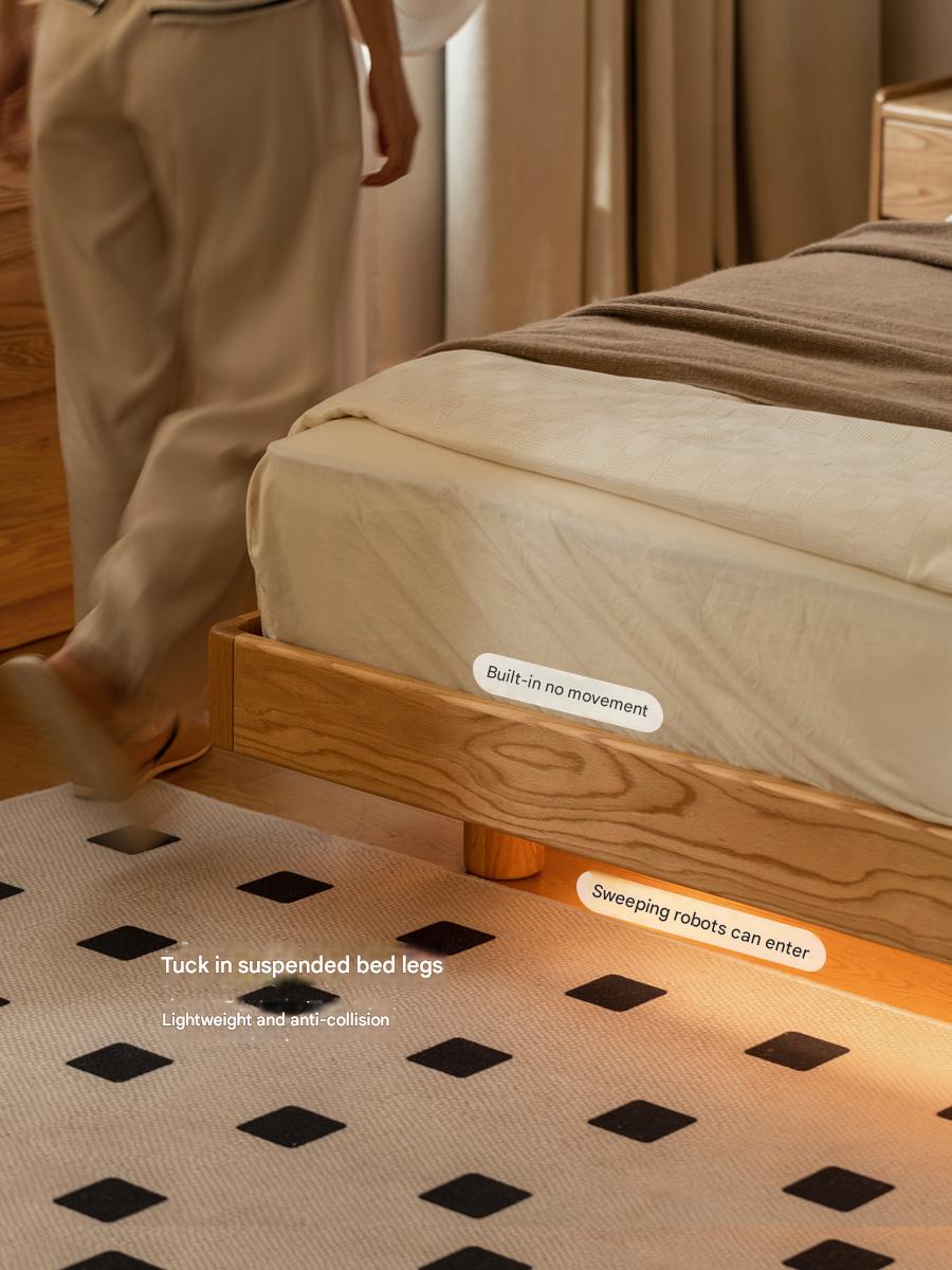 Solid Oak Wood Modern Floating Bed Frame - Queen Size, Sturdy Platform Bed with LED Lights for Bedroom, Living Room, Guest Room