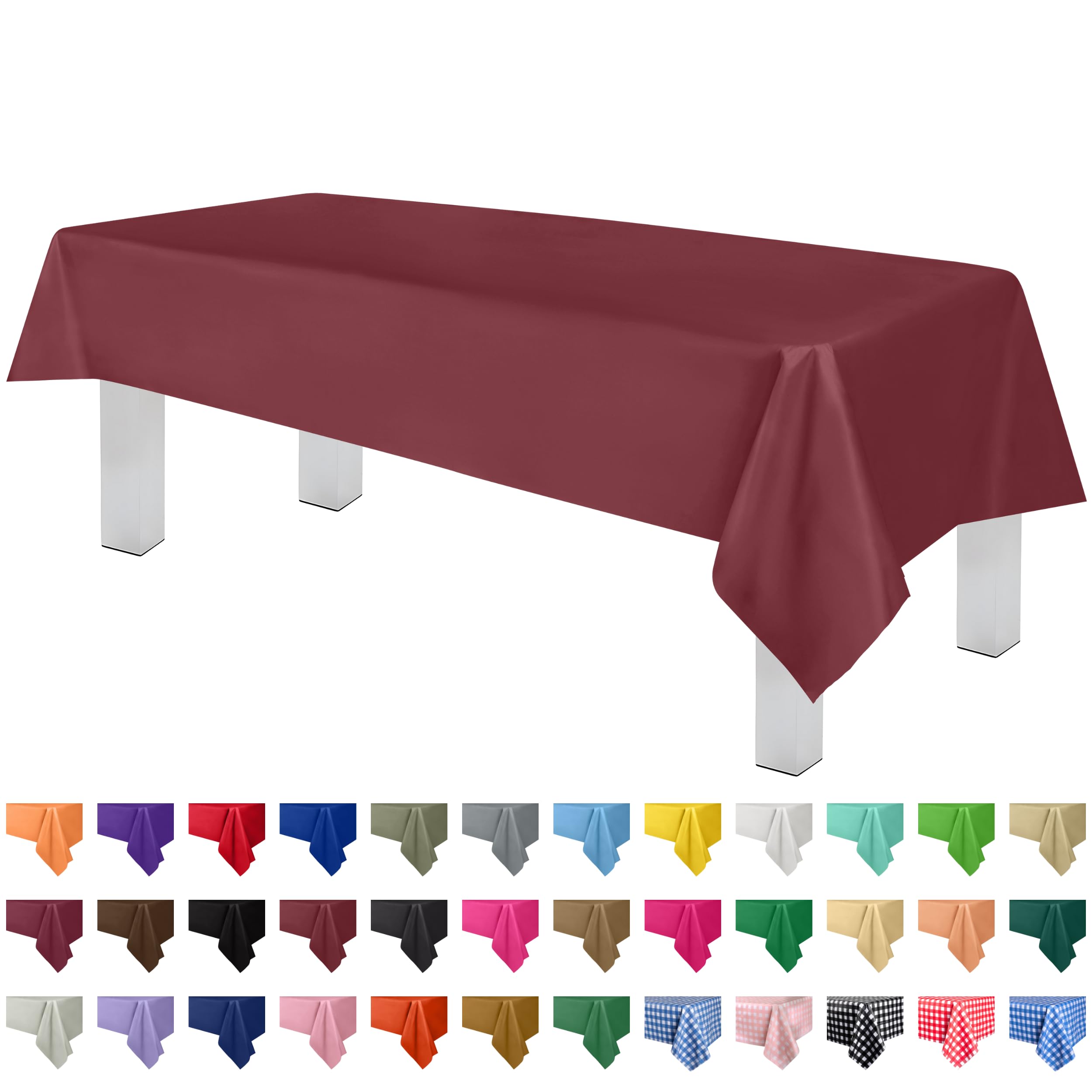 Premium Burgundy Plastic Tablecloth Disposable (6 Pack) 54x108 Inch Rectangle Table Cover - Waterproof Party Tablecloth for 6-8ft Tables, Picnics, BBQs & Outdoor Events