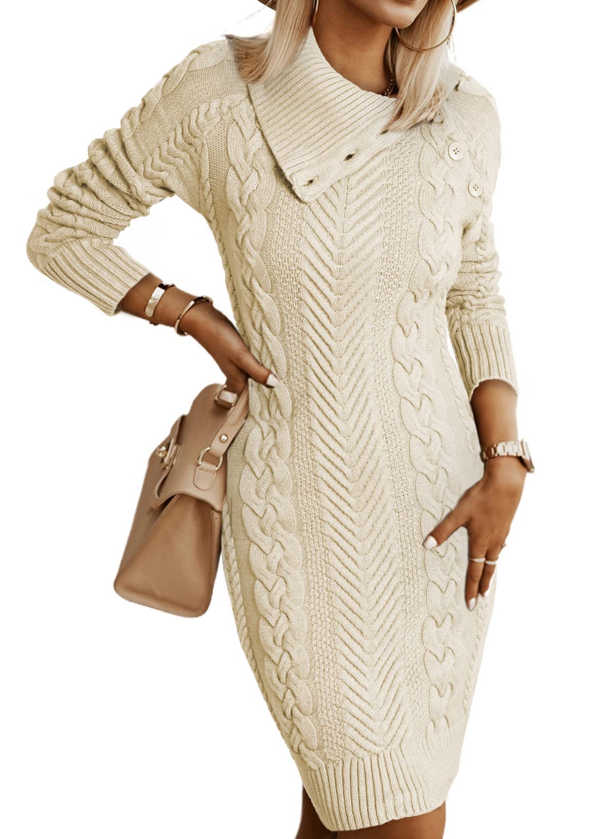 AZOKOE Women's Asymmetric Buttoned Cable Knit Bodycon Slim Fit Mini Sweater Dress Jumper | Casual & Party Wear | Perfect for Date Night, Office & Fall Outfits