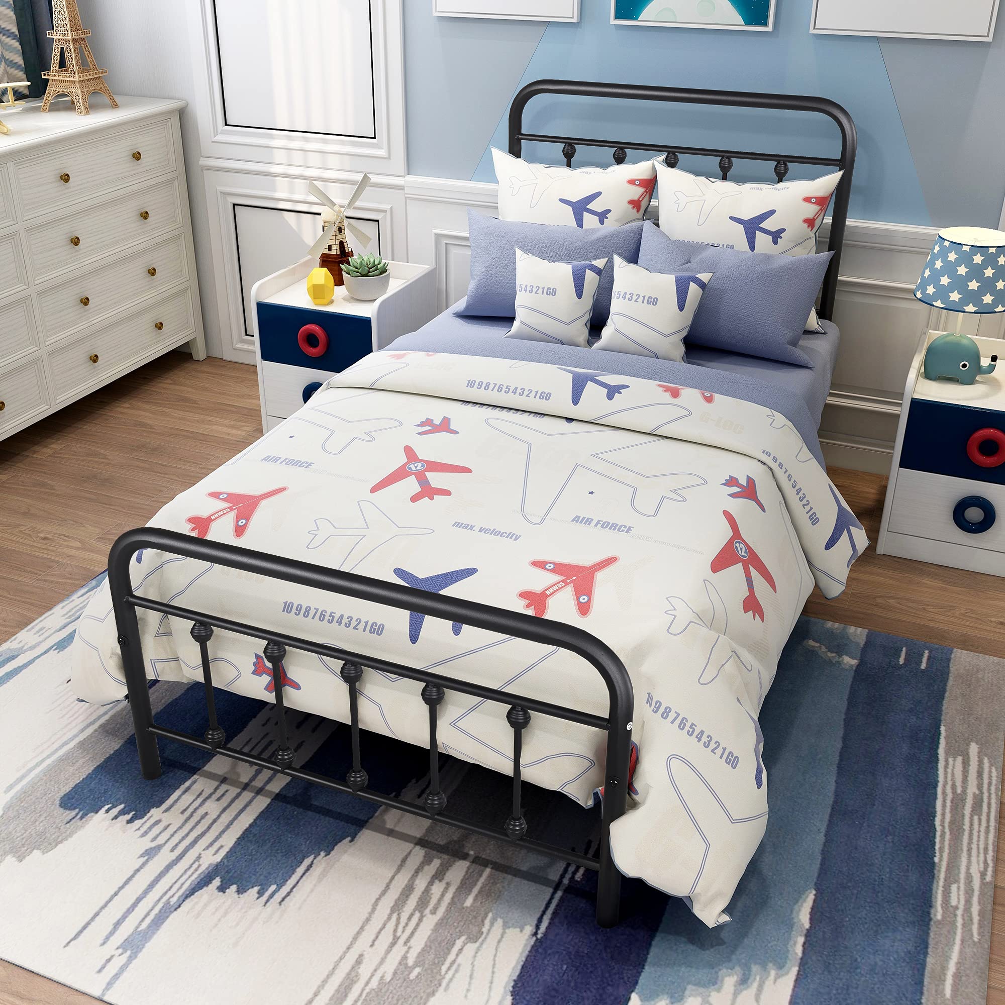 Vintage Twin Size Metal Bed Frame with Headboard & Footboard - Heavy Duty Steel Platform, Mattress Support, Black Sanded Finish | Perfect for Guest Rooms, Dorms & Small Spaces