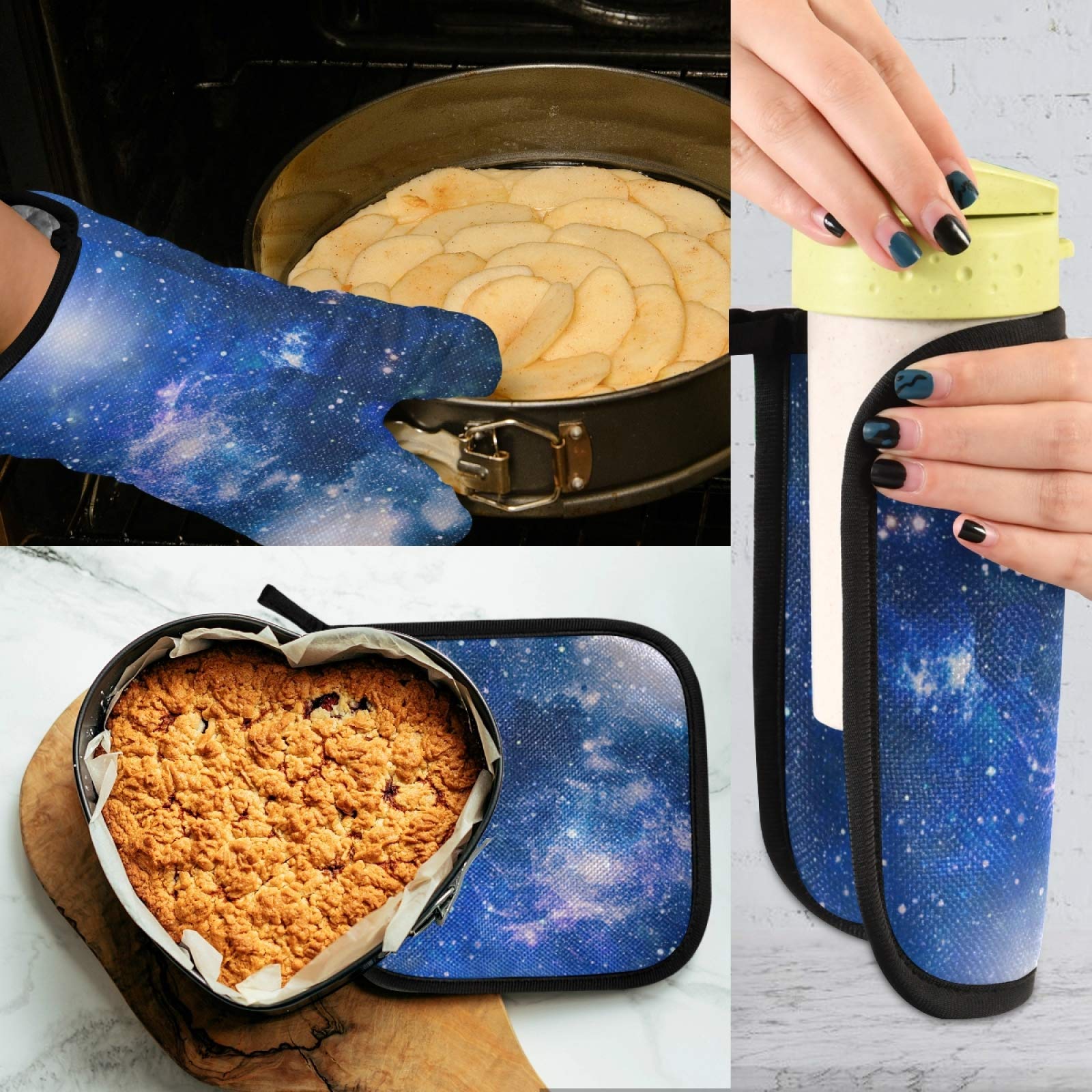 Blue Nebula Space Galaxy Oven Mitts & Pot Holders Set - Heat Resistant Kitchen Gloves & Starry Night Hot Pads for Cooking, Baking, BBQ - Perfect for Home Kitchen & Outdoor Grilling