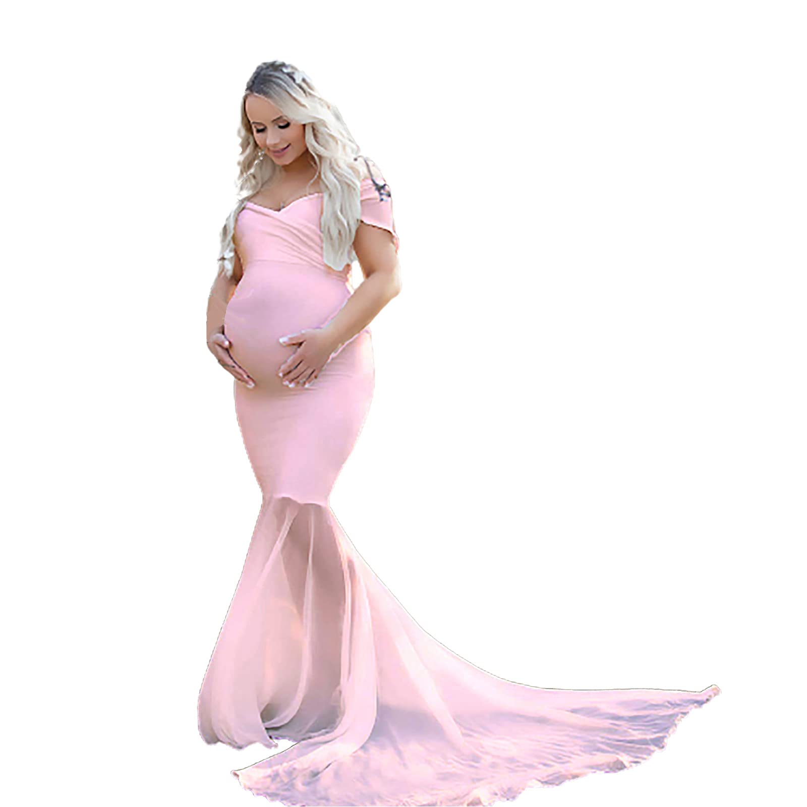 Elegant Maternity Off Shoulder Chiffon Maxi Dress for Wedding, Baby Shower & Photo Shoot - Pink Long Gown for Pregnant Women, Evening Party & Photography Props
